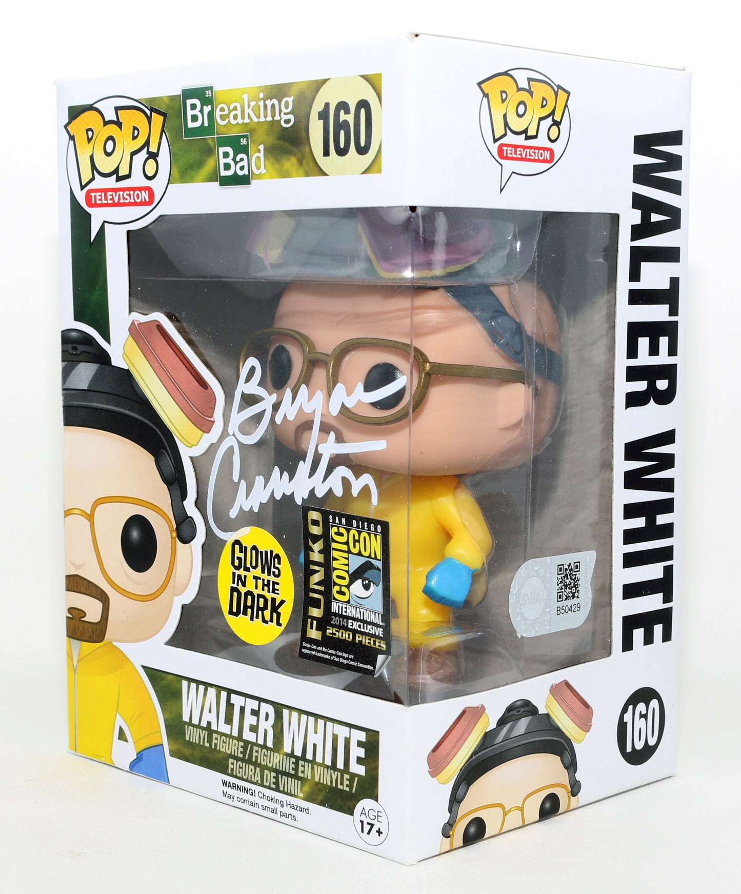 
                  
                    Bryan Cranston as Walter White / Heisenberg in Breaking Bad GITD 2014 SDCC Exclusive (SWAU) Signed Funko POP! #160
                  
                