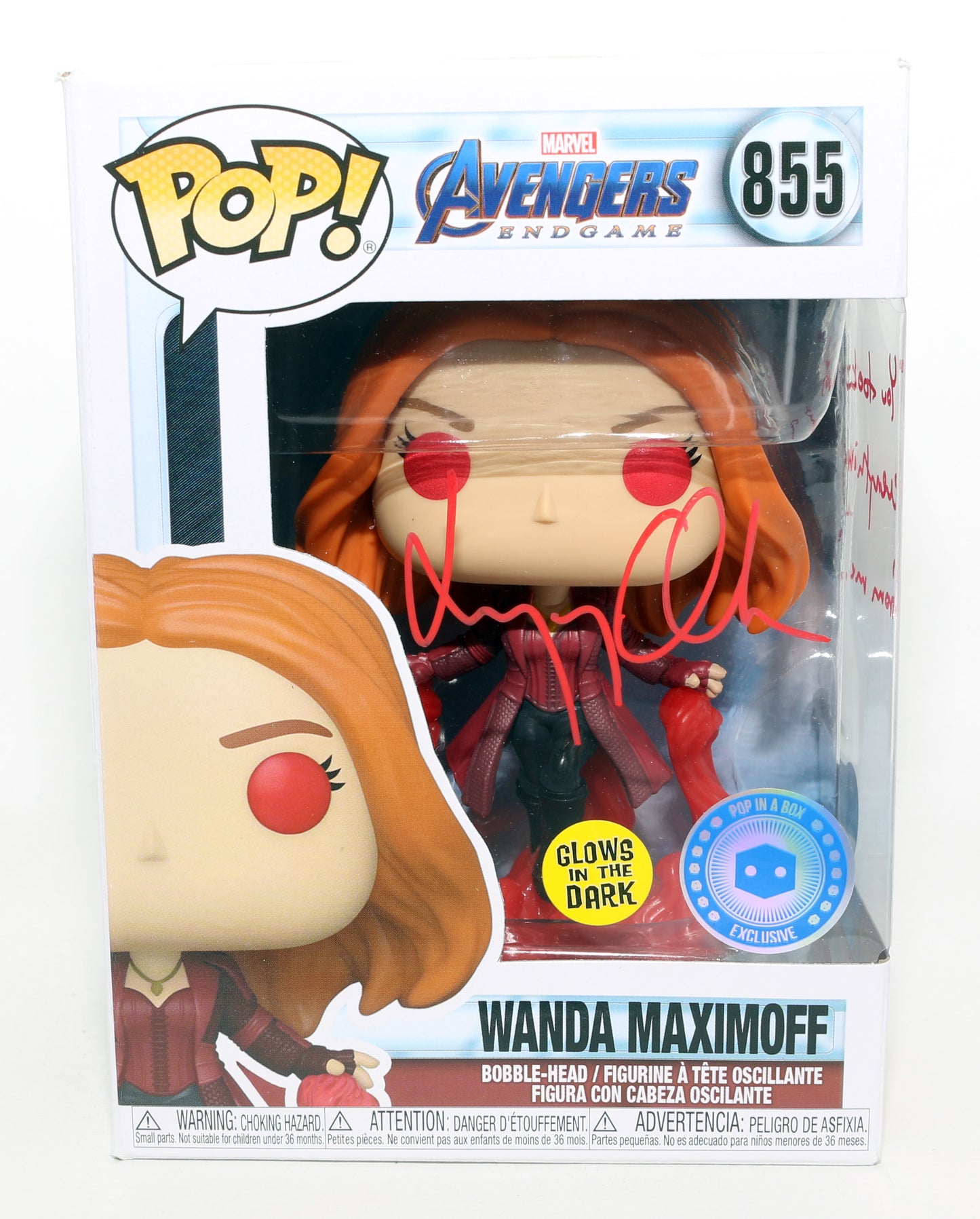 
                  
                    Elizabeth Olsen as Wanda Maximoff in Avengers: Endgame GITD Pop In A Box Exclusive (Beckett) Signed Funko POP! #855 with Quote
                  
                