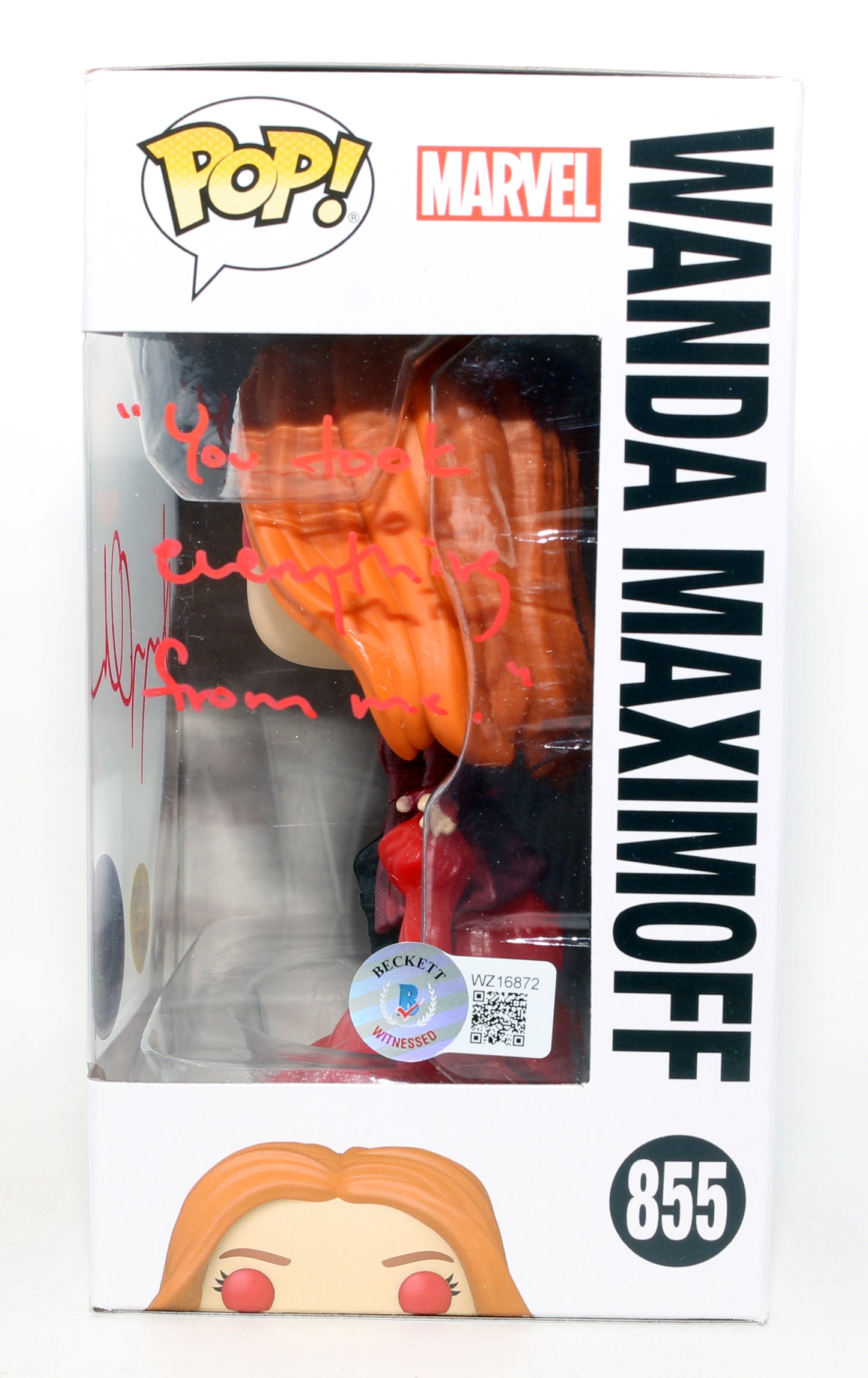 
                  
                    Elizabeth Olsen as Wanda Maximoff in Avengers: Endgame GITD Pop In A Box Exclusive (Beckett) Signed Funko POP! #855 with Quote
                  
                