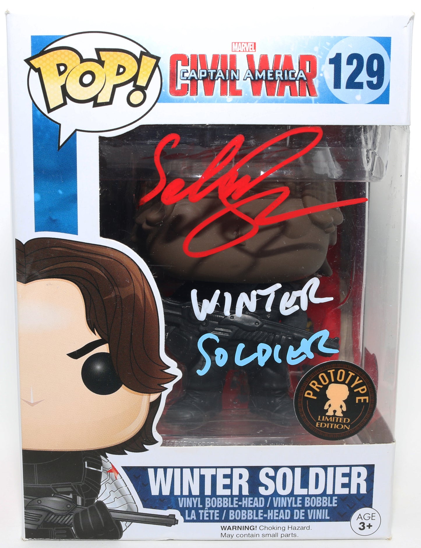 
                  
                    Sebastian Stan as Bucky Barnes in Captain America: Civil War Prototype (Beckett) Signed Funko POP! #129 with Character Name - Grail
                  
                