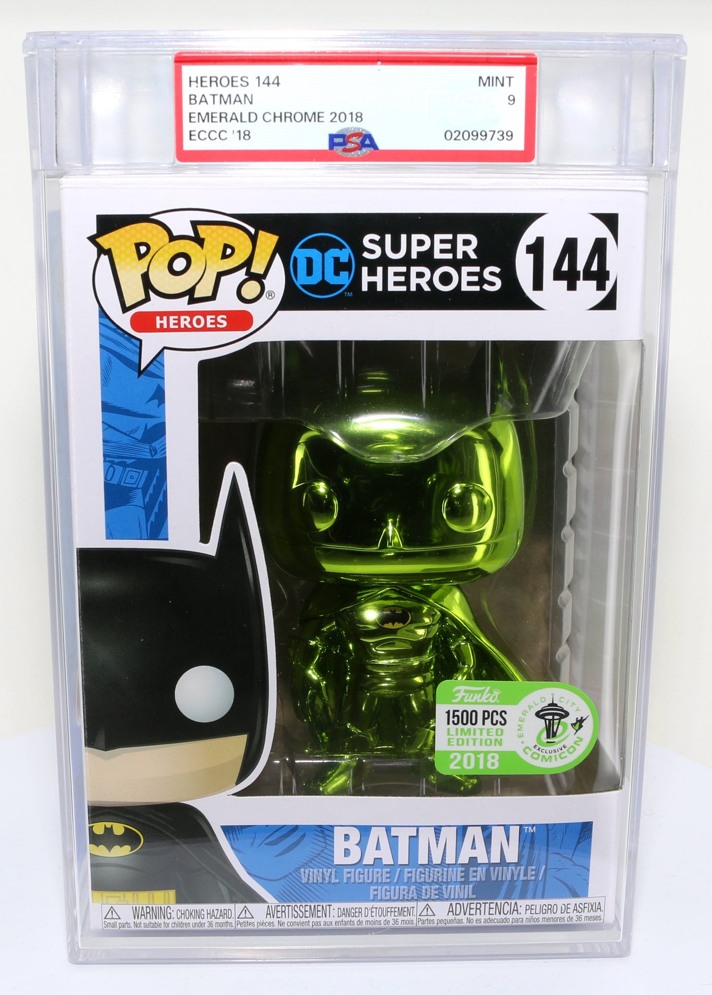 
                  
                    Green Metallic Batman from DC Super Heroes 2018 Emerald City Comic Con Exclusive Limited to 1500 Pieces Funko POP! #144 PSA Graded 9 - Grail
                  
                
