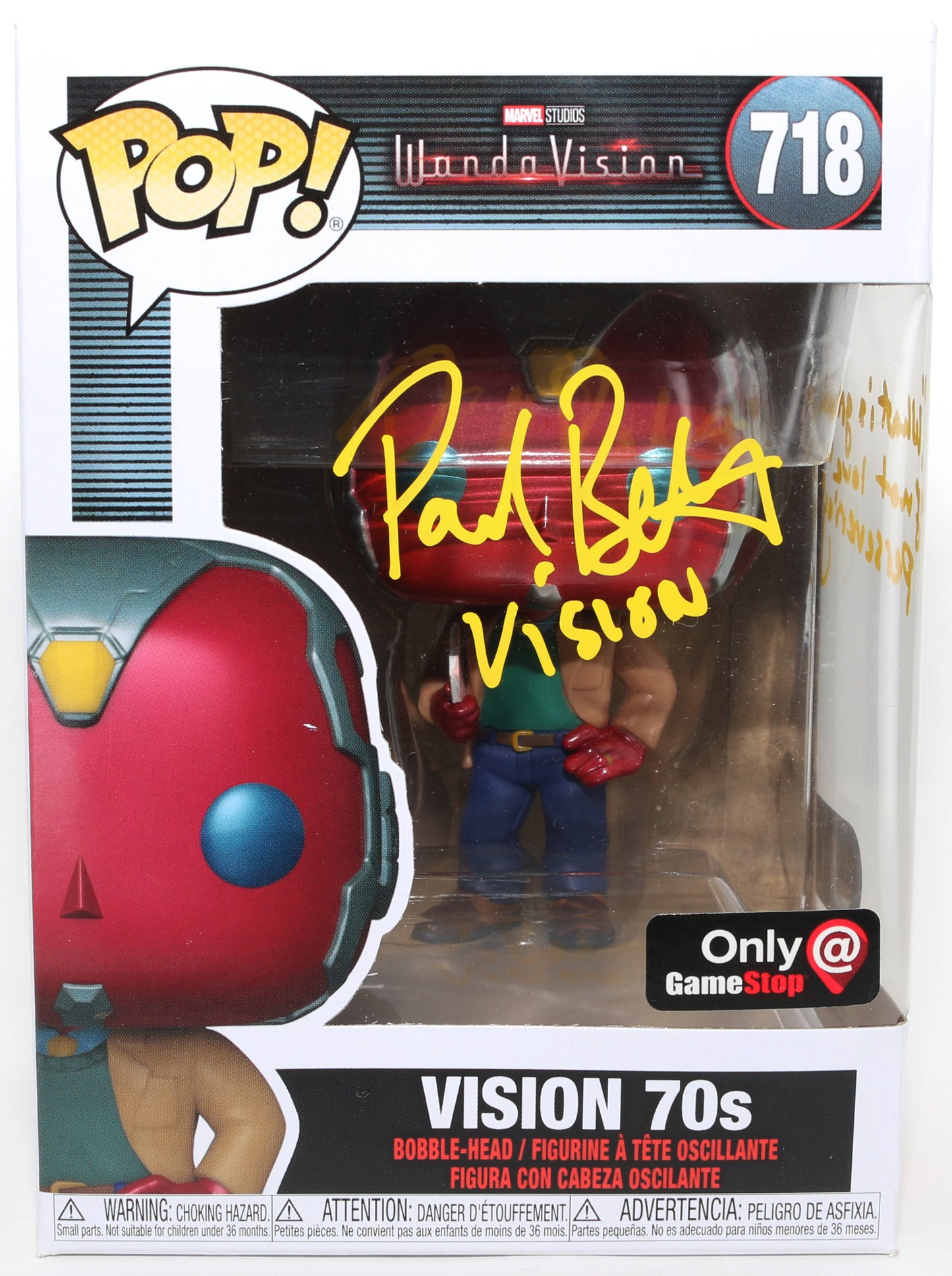
                  
                    Paul Bettany as Vision [70's] in WandaVision GameStop Exclusive (SWAU) Signed Funko POP! #716 with Character Name & Quote
                  
                
