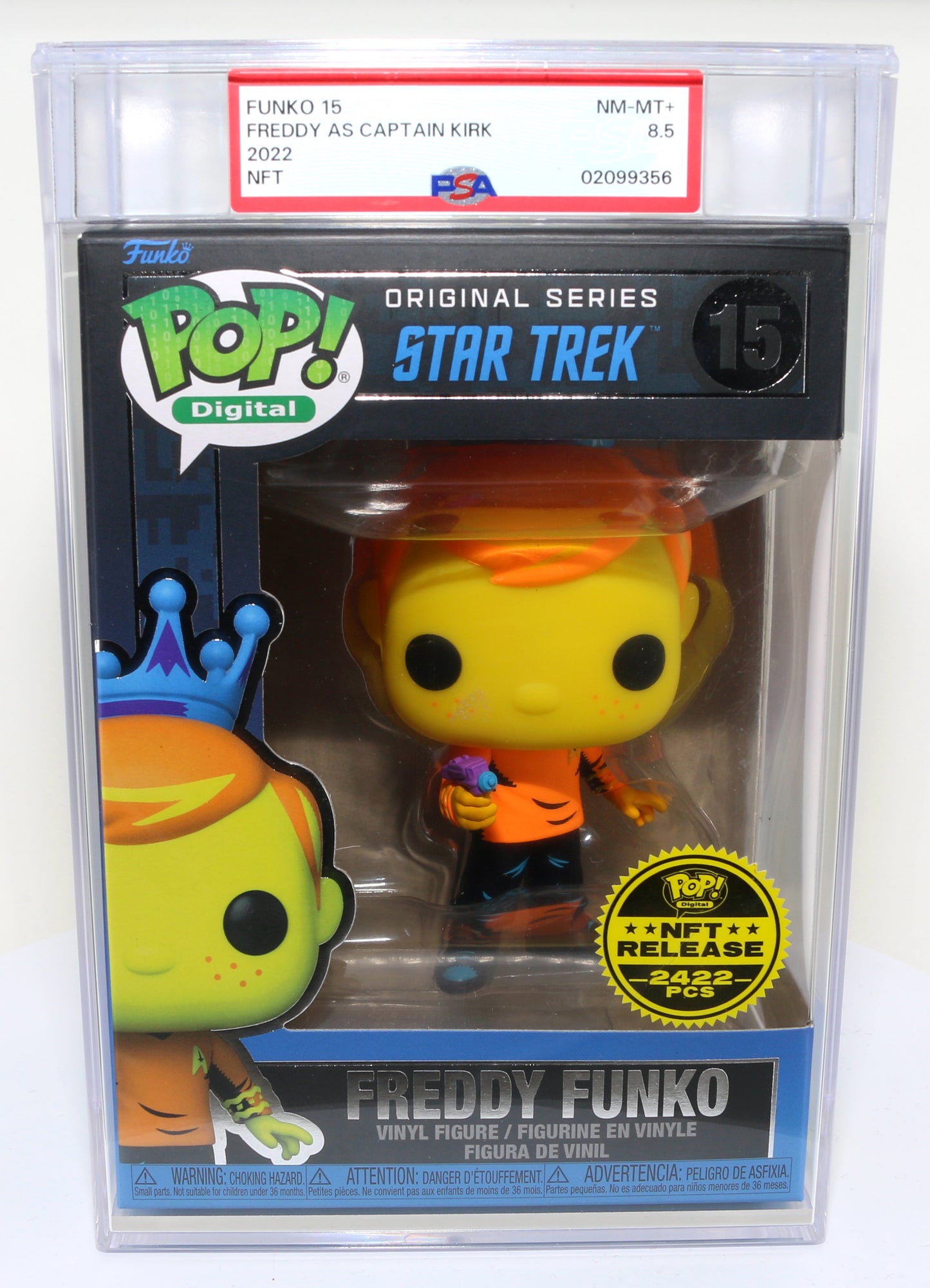 
                  
                    Freddy Funko as Captain Kirk from Star Trek Blacklight NFT Royalty Limited to 2422 Pieces Funko POP! #15 PSA Graded 8.5 - Grail
                  
                