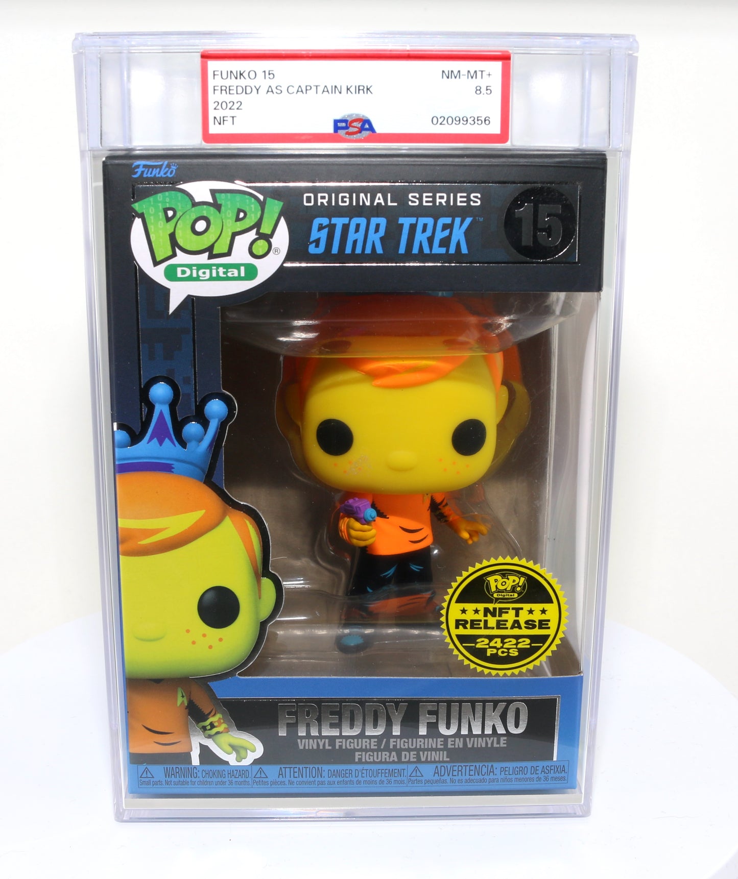 
                  
                    Freddy Funko as Captain Kirk from Star Trek Blacklight NFT Royalty Limited to 2422 Pieces Funko POP! #15 PSA Graded 8.5 - Grail
                  
                