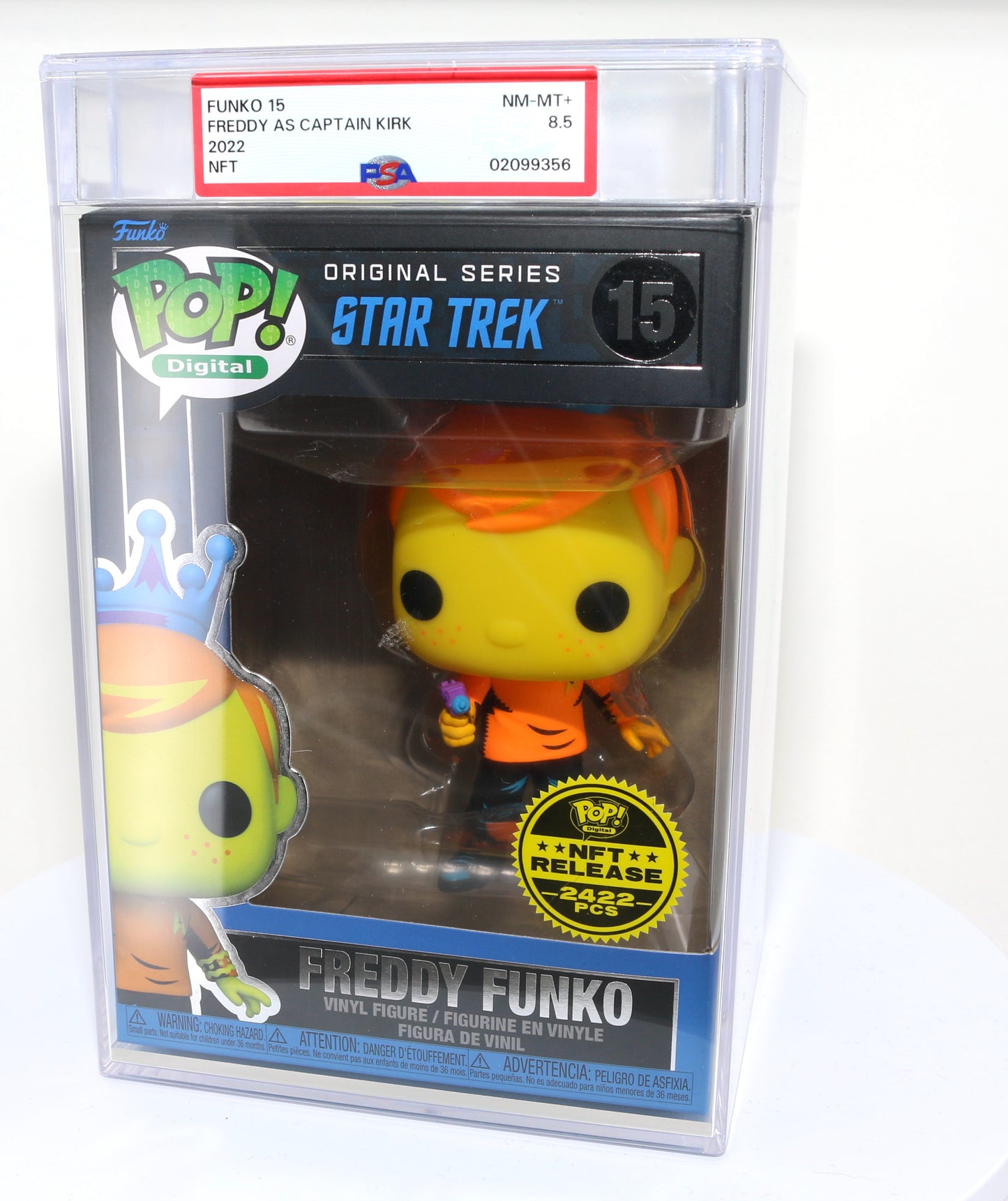 
                  
                    Freddy Funko as Captain Kirk from Star Trek Blacklight NFT Royalty Limited to 2422 Pieces Funko POP! #15 PSA Graded 8.5 - Grail
                  
                