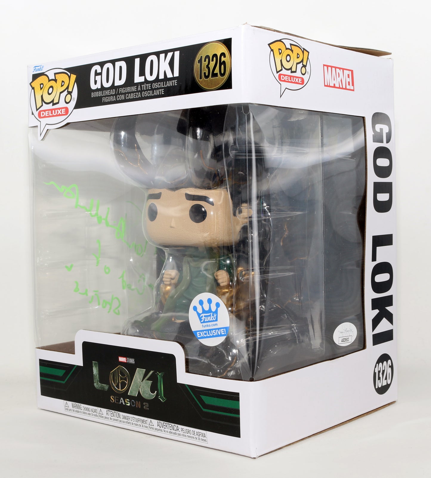 
                  
                    Tom Hiddleston as God Loki in Loki Funko Store Exclusive (JSA) Signed Oversized Funko POP! #1326 with Character Name & Quote
                  
                