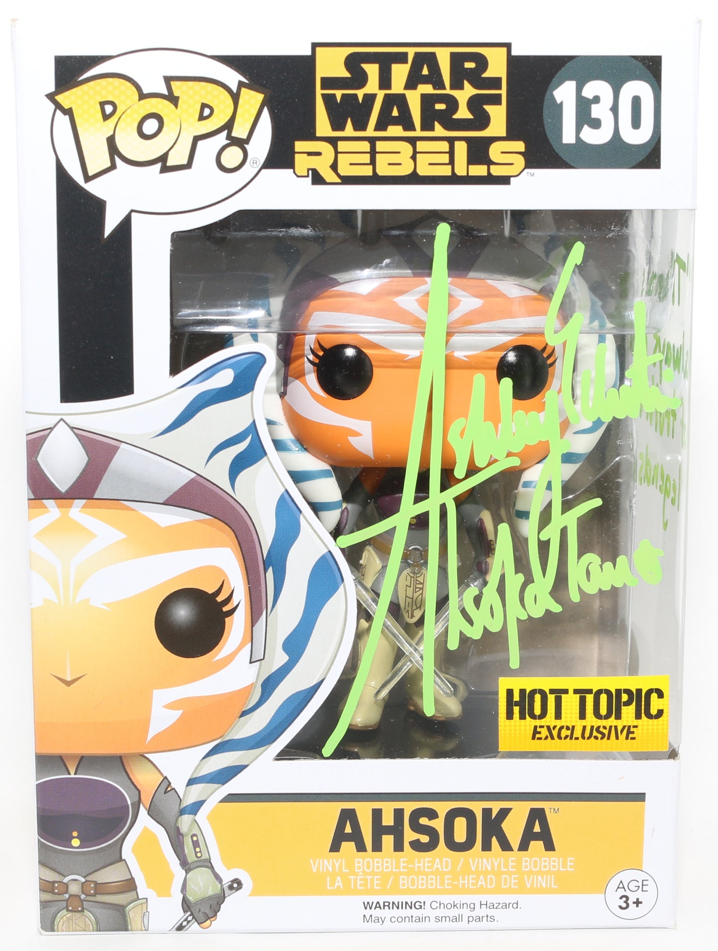 
                  
                    Ashley Eckstein as Ahsoka Tano in Star Wars: Rebels Hot Topic Exclusive (JSA) Signed Funko POP! #130 with Character Name & Quote
                  
                