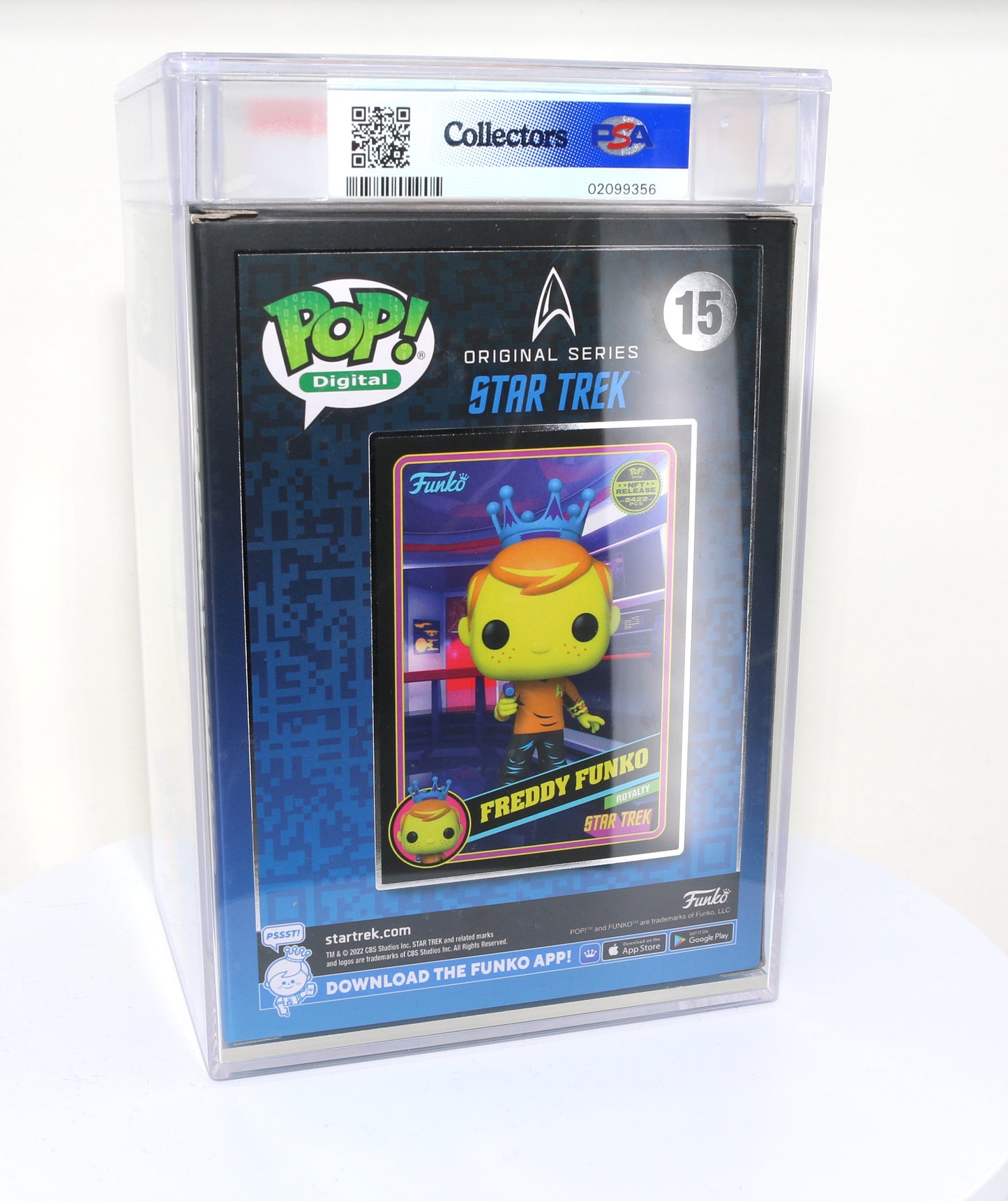 
                  
                    Freddy Funko as Captain Kirk from Star Trek Blacklight NFT Royalty Limited to 2422 Pieces Funko POP! #15 PSA Graded 8.5 - Grail
                  
                