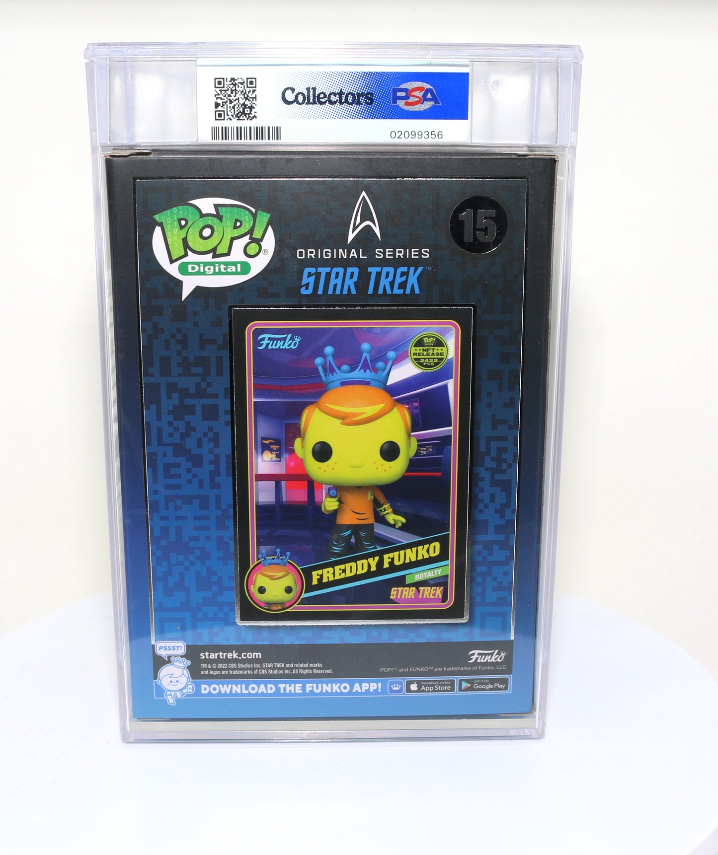 
                  
                    Freddy Funko as Captain Kirk from Star Trek Blacklight NFT Royalty Limited to 2422 Pieces Funko POP! #15 PSA Graded 8.5 - Grail
                  
                