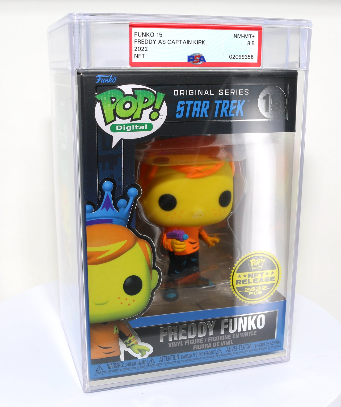 
                  
                    Freddy Funko as Captain Kirk from Star Trek Blacklight NFT Royalty Limited to 2422 Pieces Funko POP! #15 PSA Graded 8.5 - Grail
                  
                