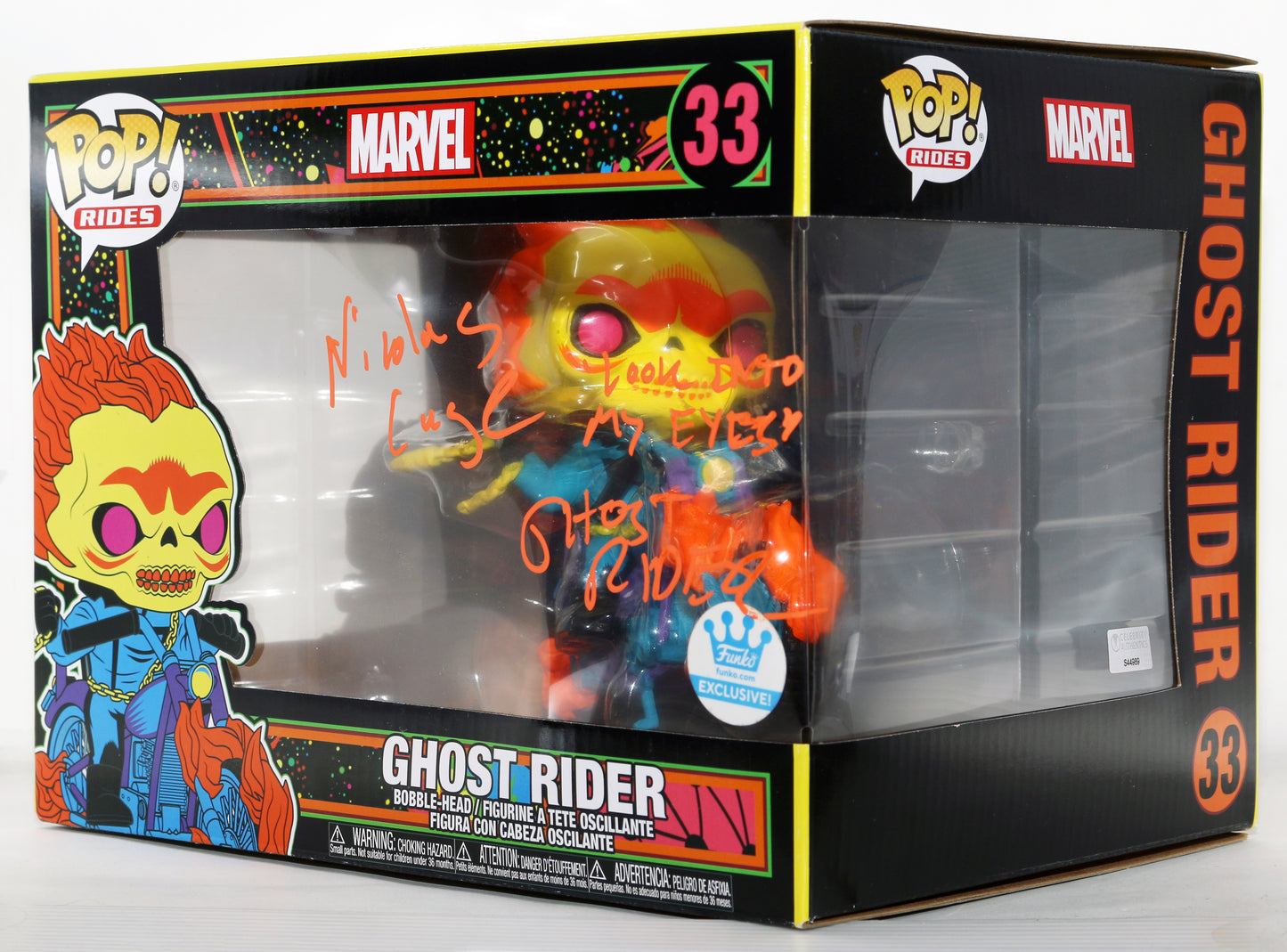 
                  
                    Nicolas Cage as Johnny Blaze / Ghost Rider in Ghost Rider Marvel Blacklight Funko Store Exclusive (Celebrity Authentics) Signed Funko POP! #33 with Character Name & Quote
                  
                