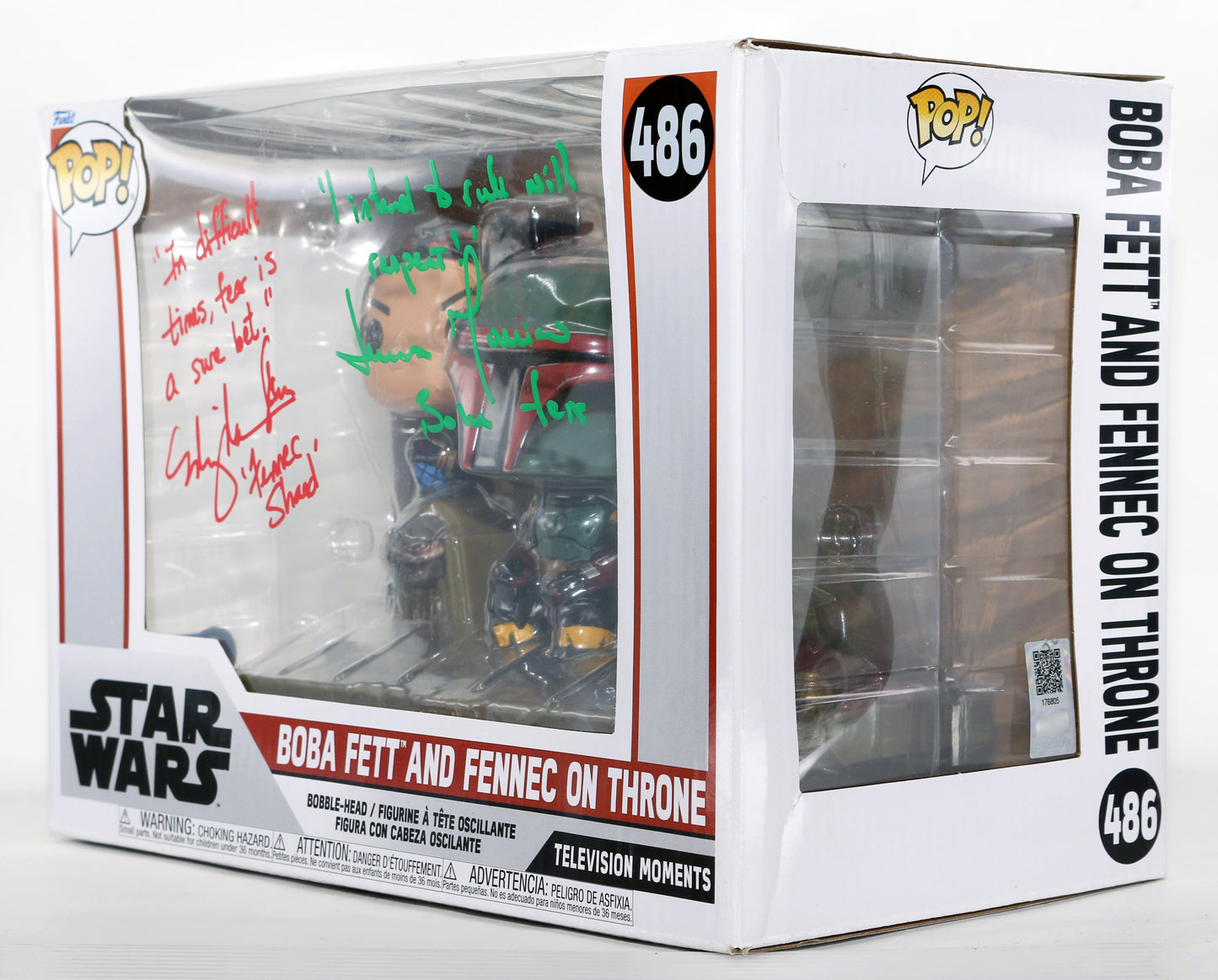 
                  
                    Temuera Morrison as Boba Fett & Ming-Na Wen as Fennec Shand on Throne in Star Wars: The Book of Boba Fett (Official Pix) Signed Funko POP! #486 with Character Names & Quotes
                  
                