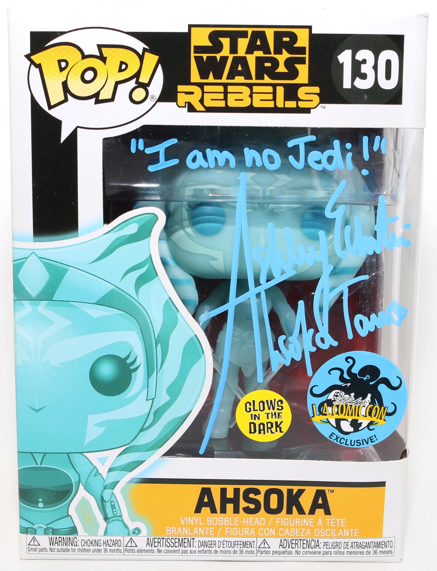 
                  
                    Ashley Eckstein as Ahsoka Tano in Star Wars: The Clone Wars GITD LA Comic Con Exclusive (JSA) Signed Funko POP! #130 with Character Name & Quote
                  
                