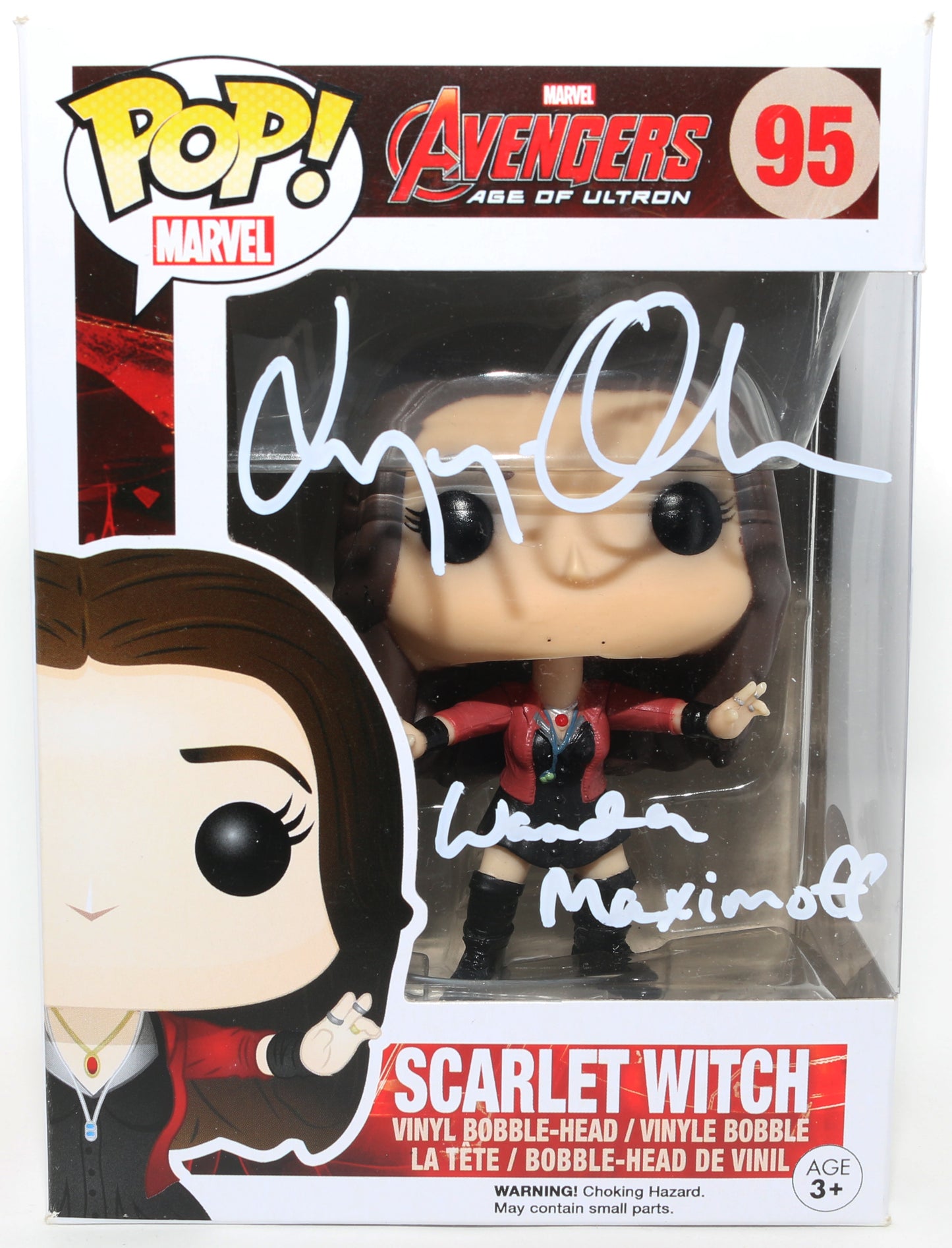 
                  
                    Elizabeth Olswen as Scarlet Witch in Avengers: Age of Ultron (JSA) Signed Funko POP! #95 with Character Name
                  
                