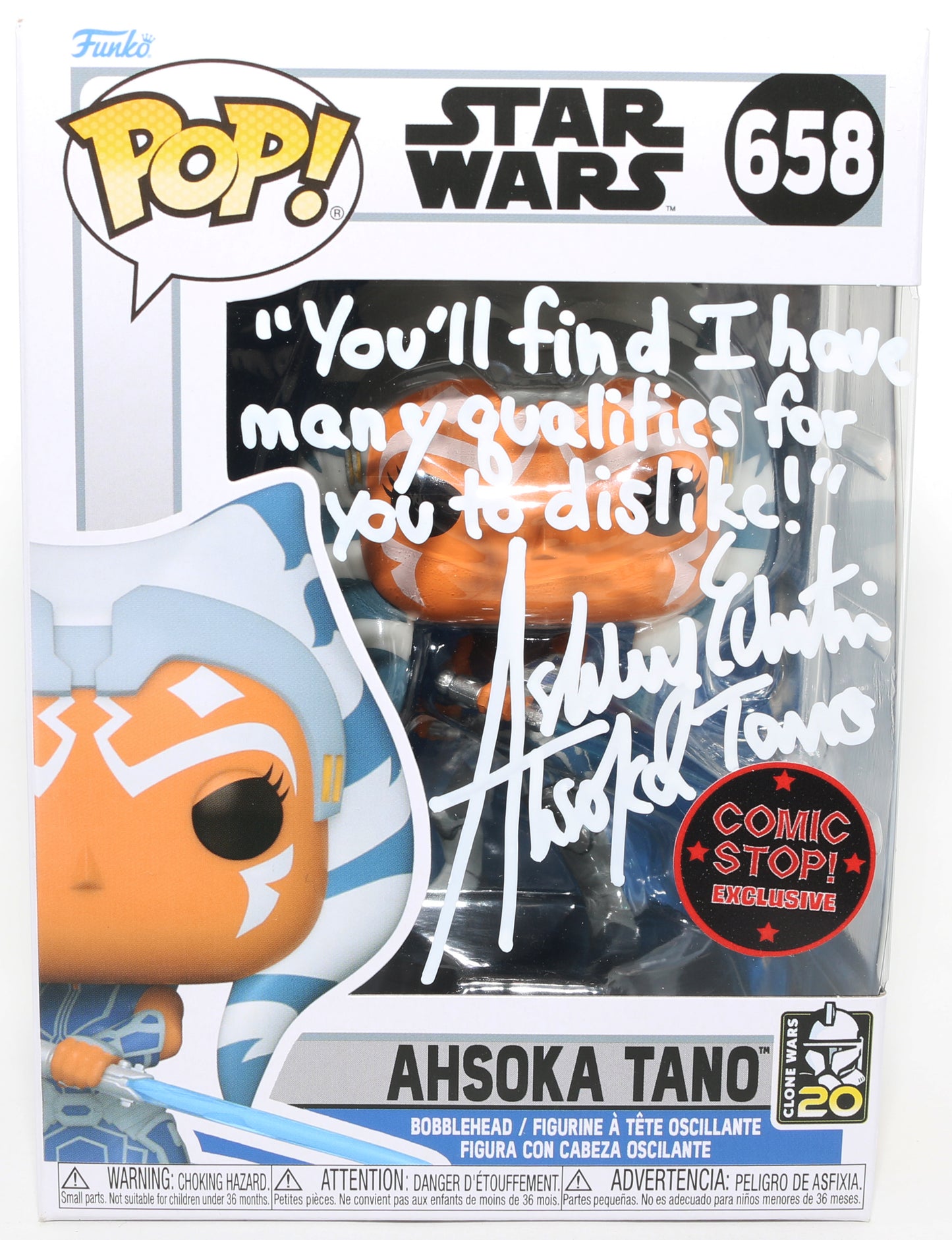 
                  
                    Ashley Eckstein as Ahsoka Tano in Star Wars: The Clone Wars Comic Stop! Exclusive (JSA) Signed Funko POP! #658 with Character Name & Quote
                  
                