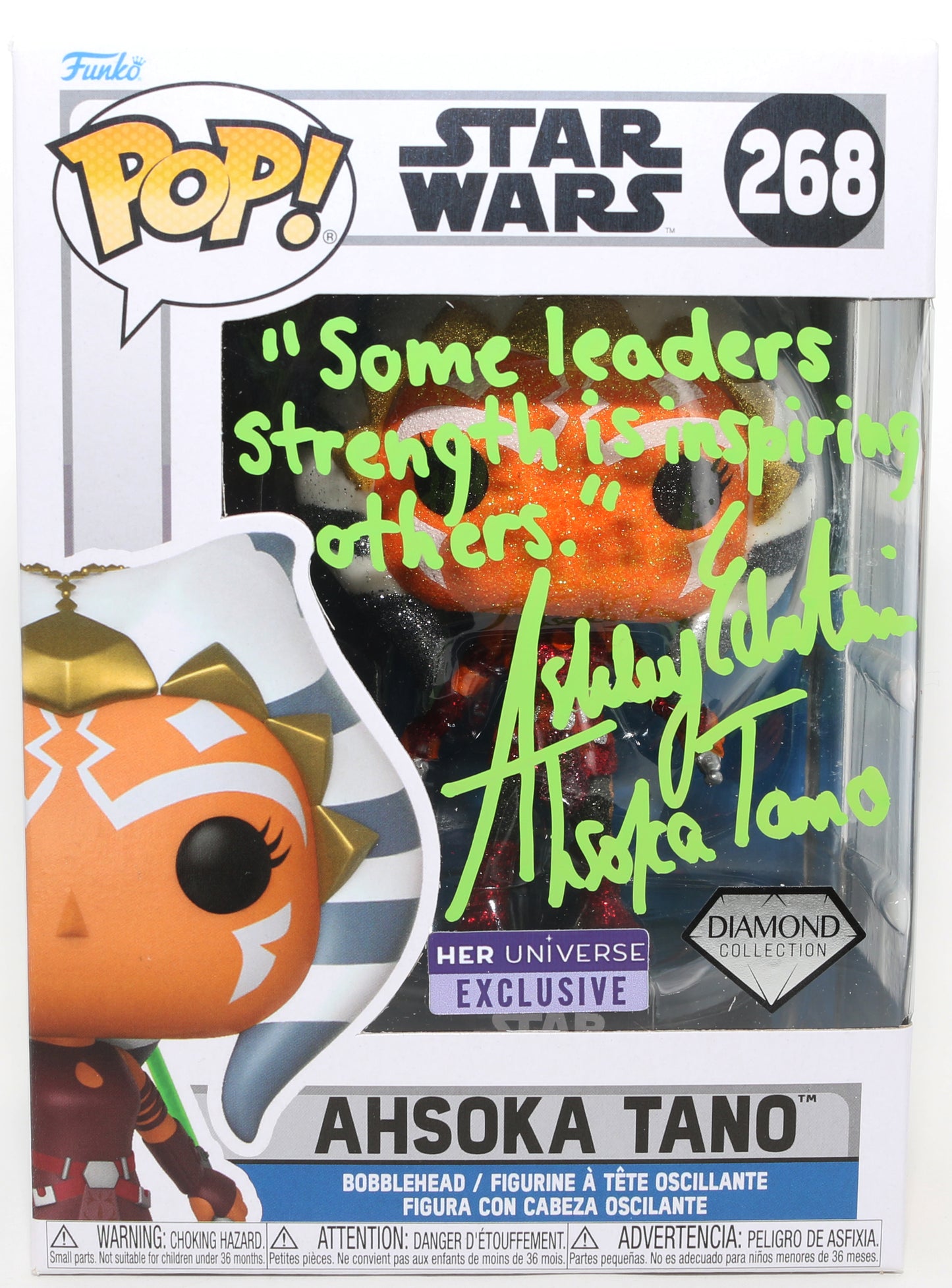 
                  
                    Ashley Eckstein as Ahsoka Tano [Green Lightsaber] in Star Wars: The Clone Wars Her Universe Exclusive Diamond Collection (JSA) Signed Funko POP! #268 with Character Name & Quote
                  
                