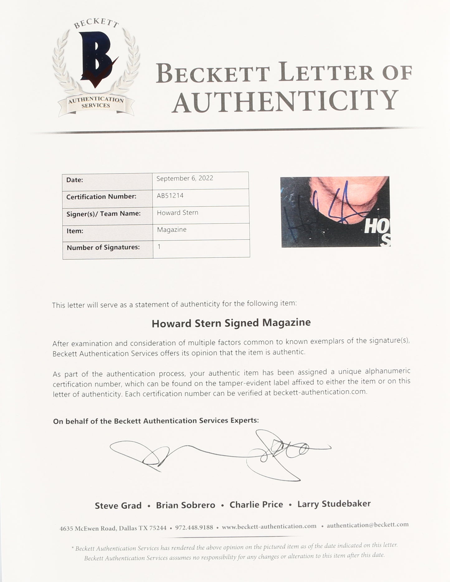 
                  
                    Howard Stern from The Howard Stern Show & Private Parts (Beckett) Signed Magazine Cover
                  
                