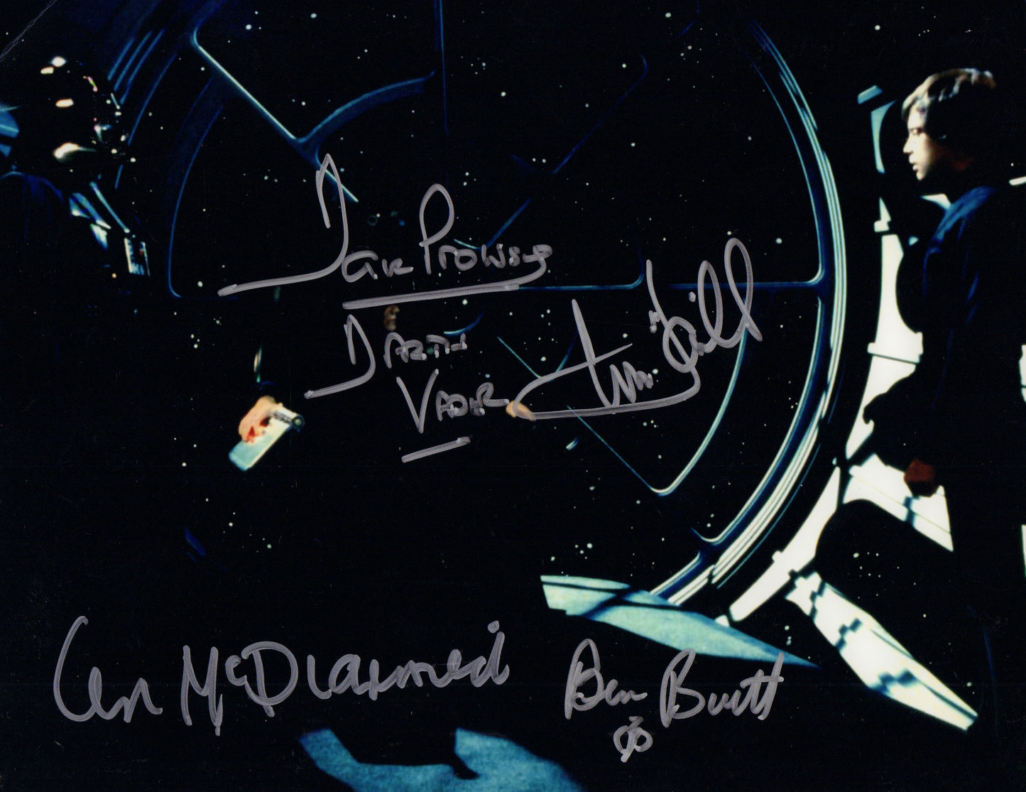 
                  
                    Mark Hamill as Luke Skywalker, Dave Prowse as Darth Vader, & Ian McDiarmid as The Emperor with Sound Designer Ben Burtt in Star Wars: Return of the Jedi Signed 8x10 Photo
                  
                