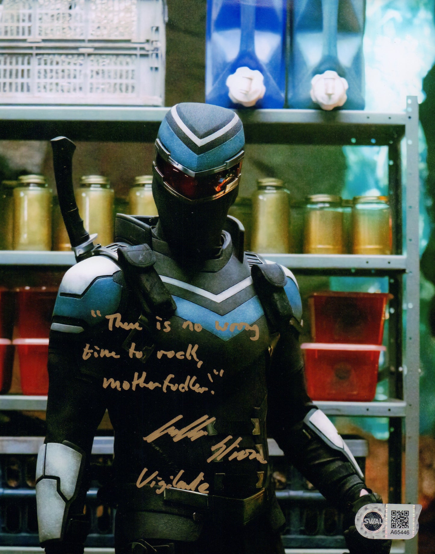 
                  
                    Freddie Stroma as Vigilante in Peacemaker (SWAU) Signed 8x10 Photo with Quote and Character Name
                  
                