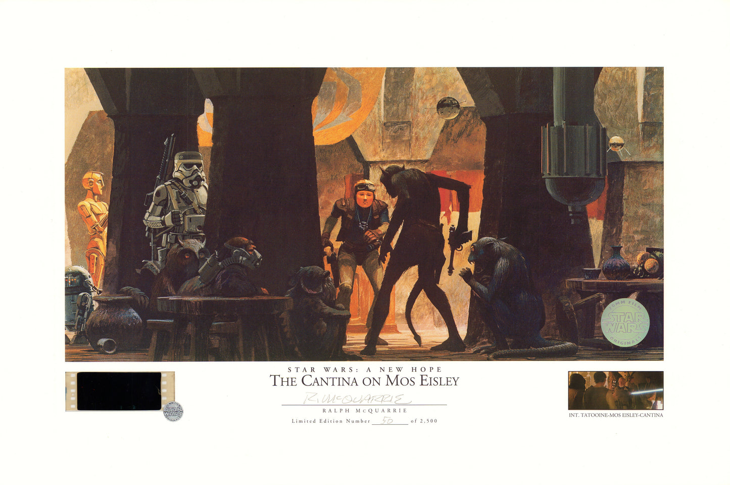 
                  
                    Star Wars: A New Hope The Cantina on Mos Eisley 12x18 Lithograph with Light Up Film Cel LE #50/2,500 Signed by Concept Artist Ralph McQuarrie
                  
                