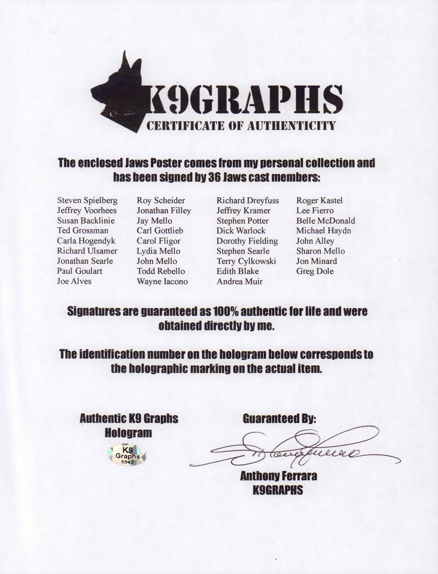 
                  
                    Jaws (K9) 27x40 Poster Cast Signed by Steven Spielberg, Roy Scheider, Richard Dreyfuss, Carl Gottlieb, Jeffrey Kramer, Lee Fierro, Roger Kastel, Jonathan Filley, Jay Mello, Stephen Potter, Belle McDonald, Dick Warlock, Michael Haydn, Carol Fligor, & More
                  
                