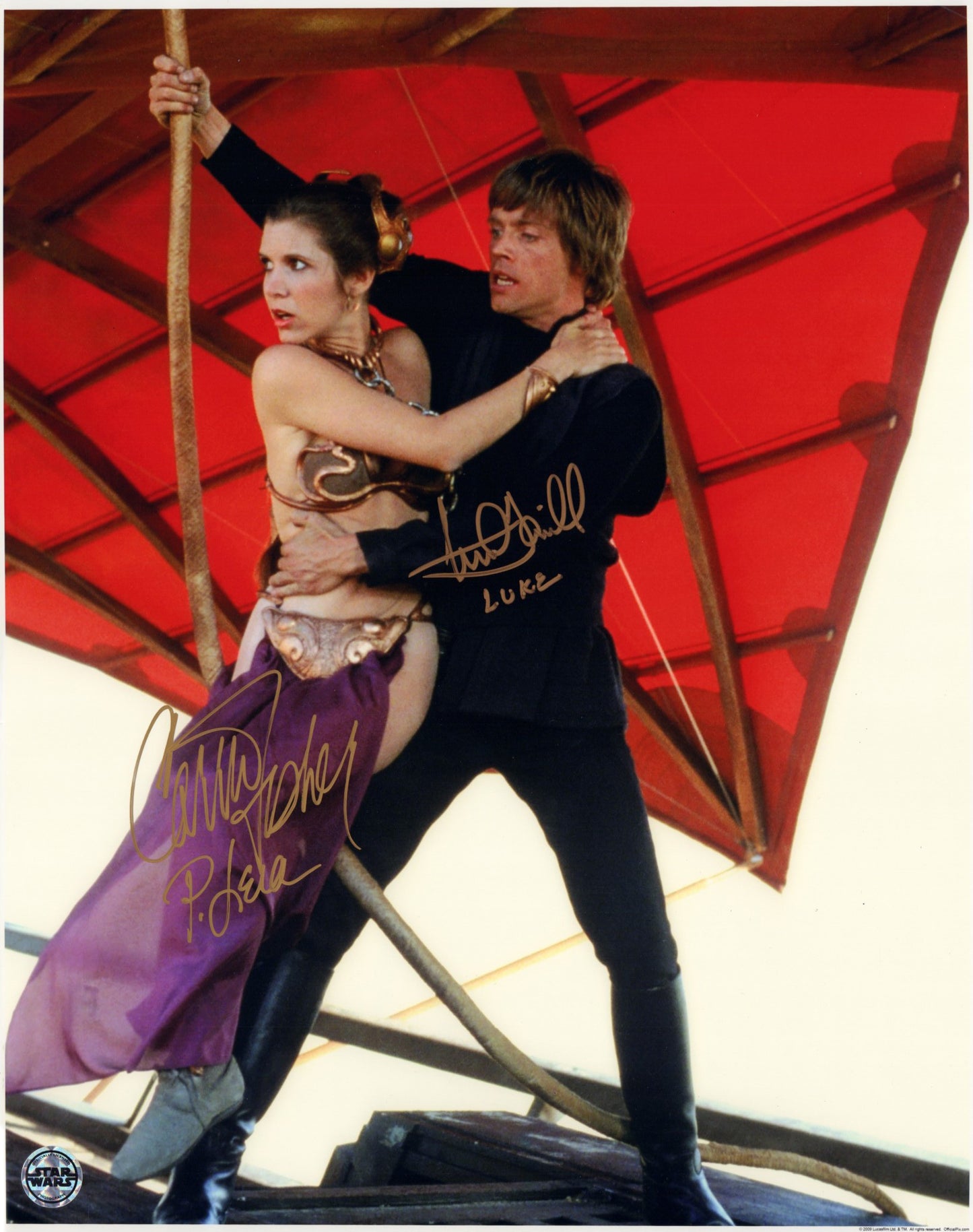 
                  
                    Carrie Fisher as Slave Princess Leia & Mark Hamill as Luke Skywalker in Star Wars: Return of the Jedi (Official Pix) Signed 16x20 Photo with Rare Character Names
                  
                