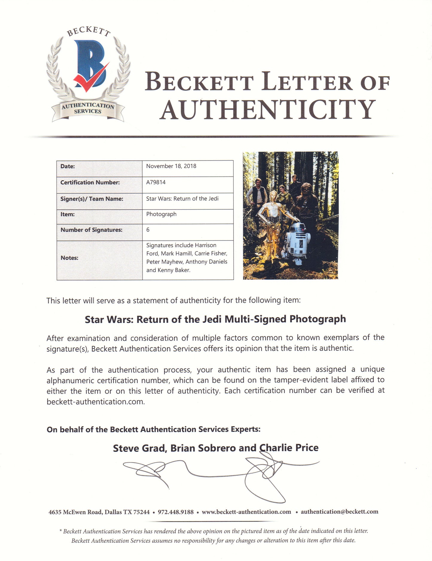 
                  
                    Star Wars: Return of the Jedi (Official Pix / Beckett) 16x20 Photo Cast Signed by Harrison Ford, Carrie Fisher, Mark Hamill, Peter Mayhew, Kenny Baker, & Anthony Daniels with Character Names
                  
                