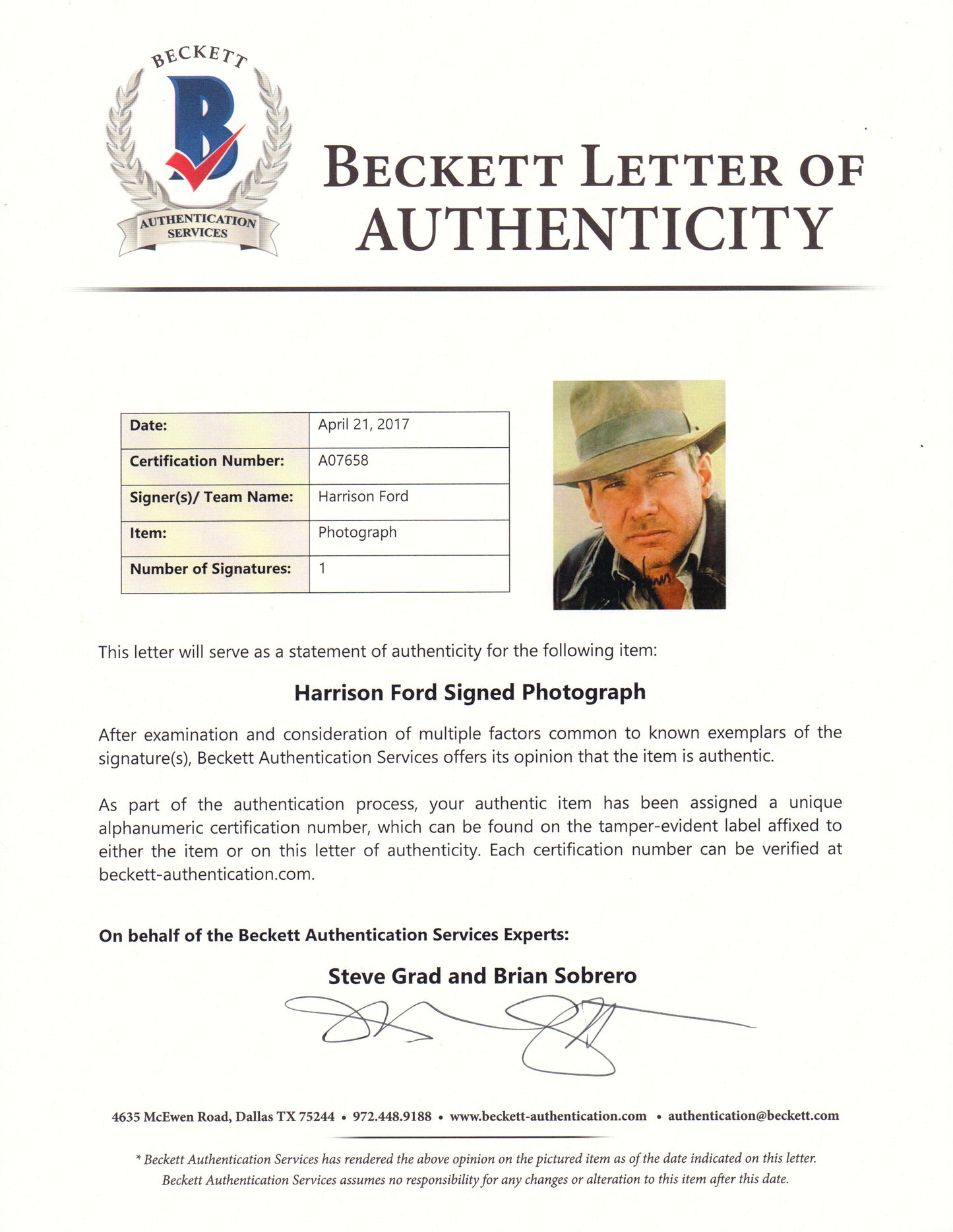 
                  
                    Harrison Ford as Indiana Jones in Indiana Jones & the Last Crusade (Beckett) Vintage Signed 8x10 Photo
                  
                