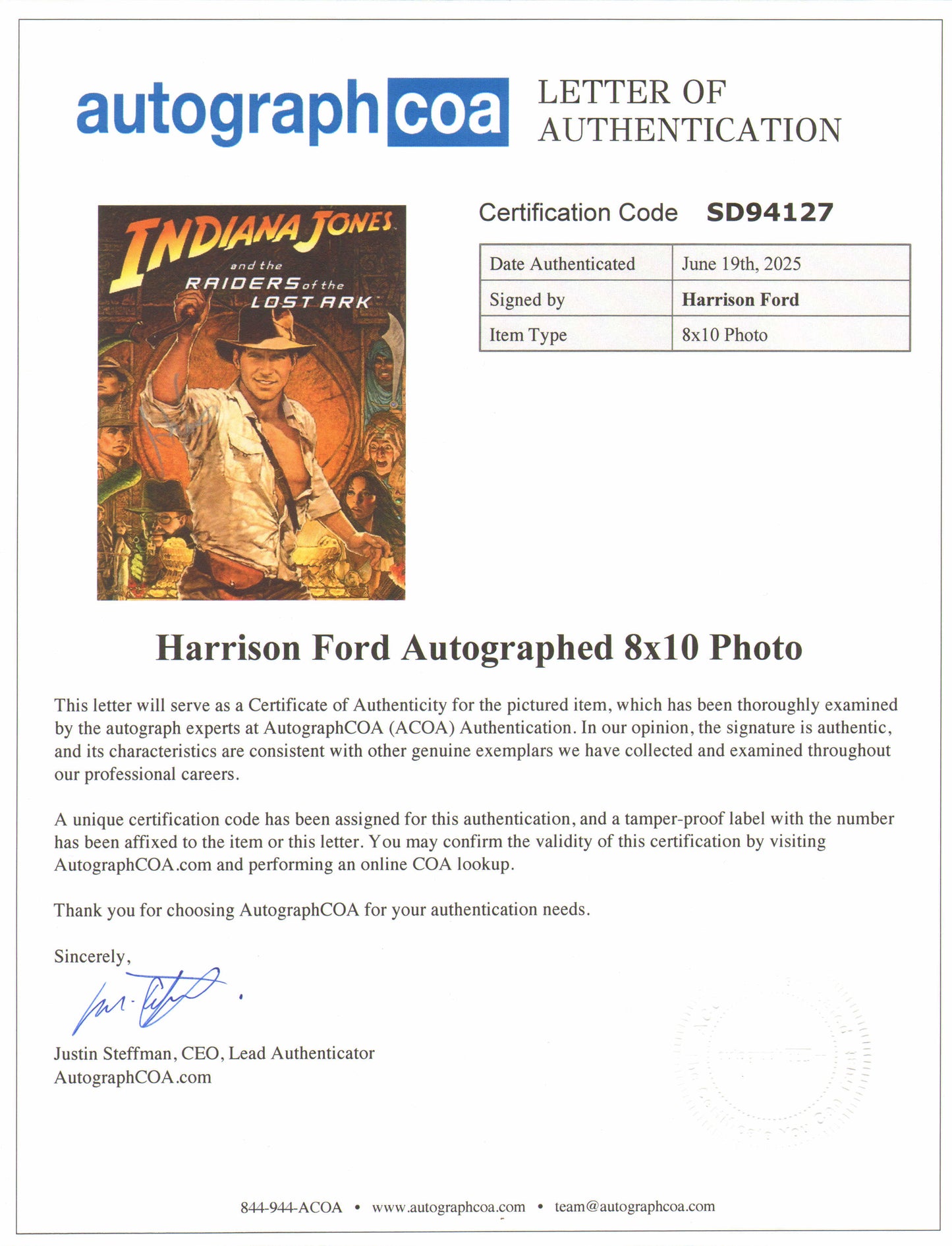 
                  
                    Harrison Ford as Indiana Jones in Indiana Jones & the Raiders of the Lost Ark Signed 8x10 Photo
                  
                