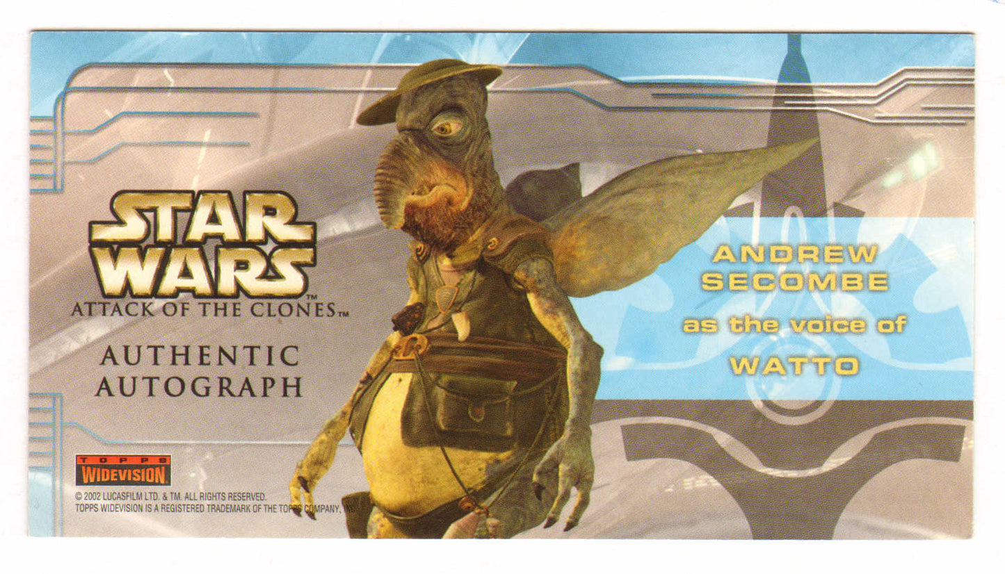 
                  
                    Andrew Secombe as Watto in Star Wars Episode II: Attack of the Clones Signed 2002 Topps Widevision Trading Card
                  
                