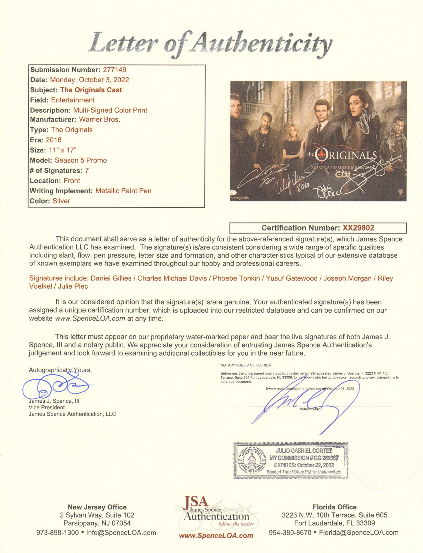 
                  
                    The Originals (JSA) 11x17 Mini Poster Cast Signed by Daniel Gillies, Charles Michael Davis, Phoebe Tonkin, Yusuf Gatewood, Joseph Morgan, Riley Voelkel, & Julie Plec
                  
                