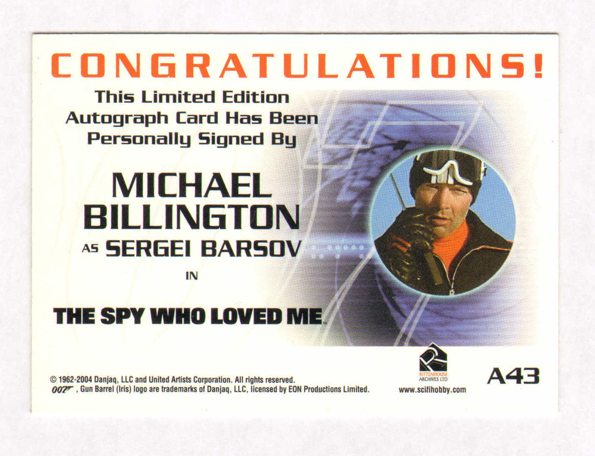 
                  
                    Michael Billington as Sergei Barsov in The Spy Who Loved Me Signed Rittenhouse 007 Trading Card #A43
                  
                