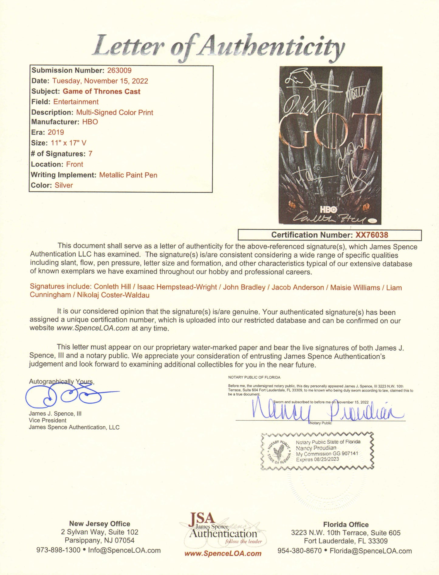 
                  
                    Game of Thrones (JSA) 11x17 Mini Poster Cast Signed by Isaac Hempstead Wright, Conleth Hill, John Bradley,  Jacob Anderson, Maise Williams, Liam Cunningham, & Nikolaj Coster-Waldau
                  
                