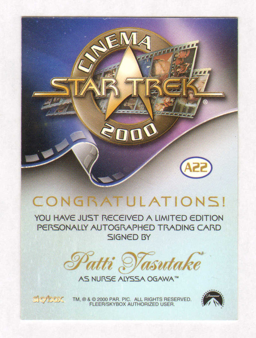 
                  
                    Patti Yasutake as Nurse Alyssa Ogawa in Star Trek: The Next Generation Signed Skybox Trading Card #A22
                  
                