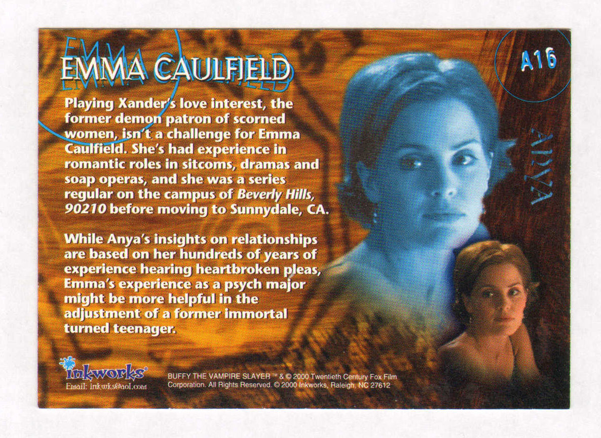 
                  
                    Emma Caulfield as Anya Jenkins in Buffy the Vampire Slayer Signed Inkworks Trading Card #A16
                  
                