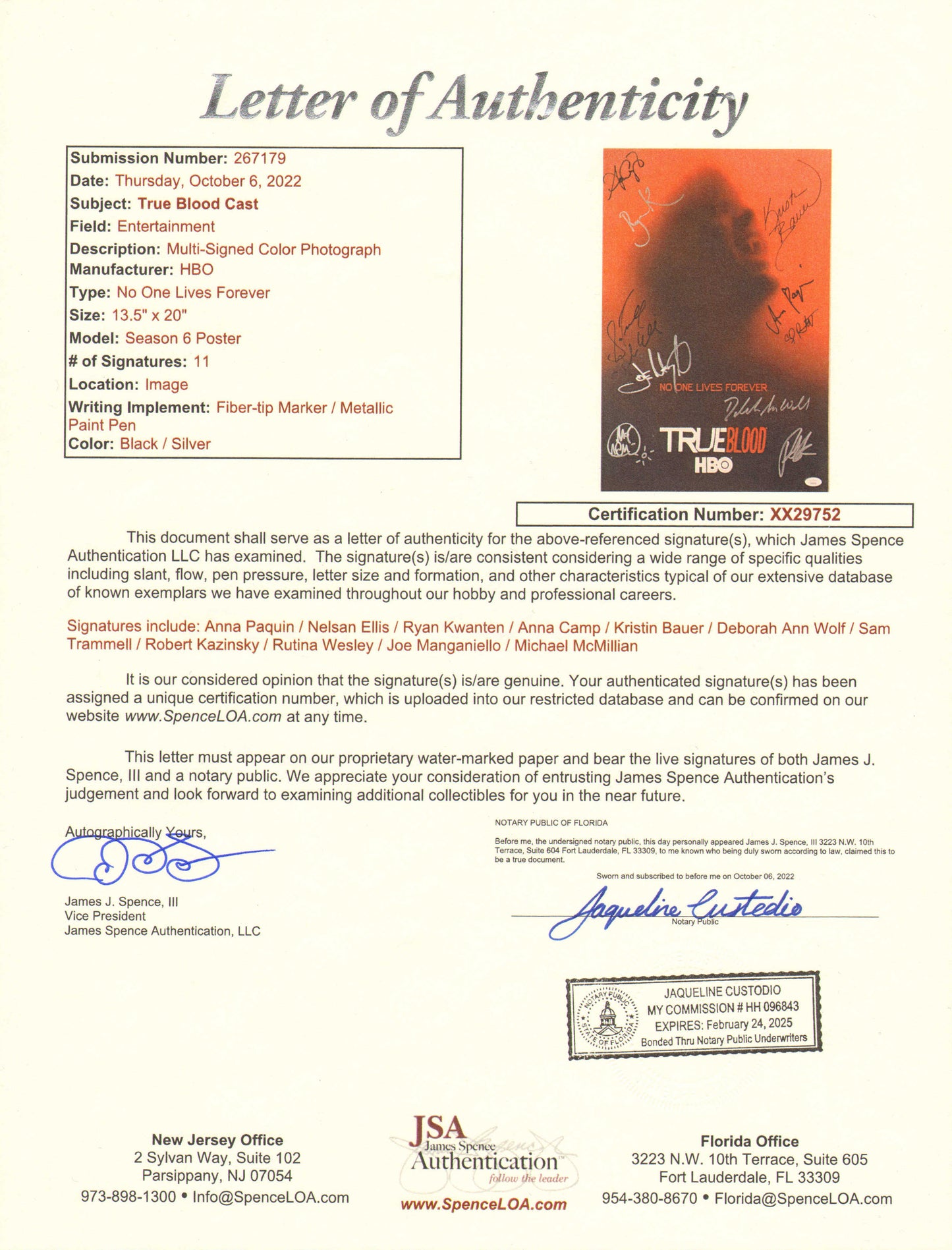 
                  
                    True Blood (JSA) 13.5x20 Mini Poster Cast Signed by Anna Paquin, Kristin Bauer, Deborah Ann Woll, Rutina Wesley, Nelsan Ellis, Ryan Kwanten, Sam Tramell, Robert Kazinsky, Joe Manganiello, Michael McMillian, & Anna Camp
                  
                
