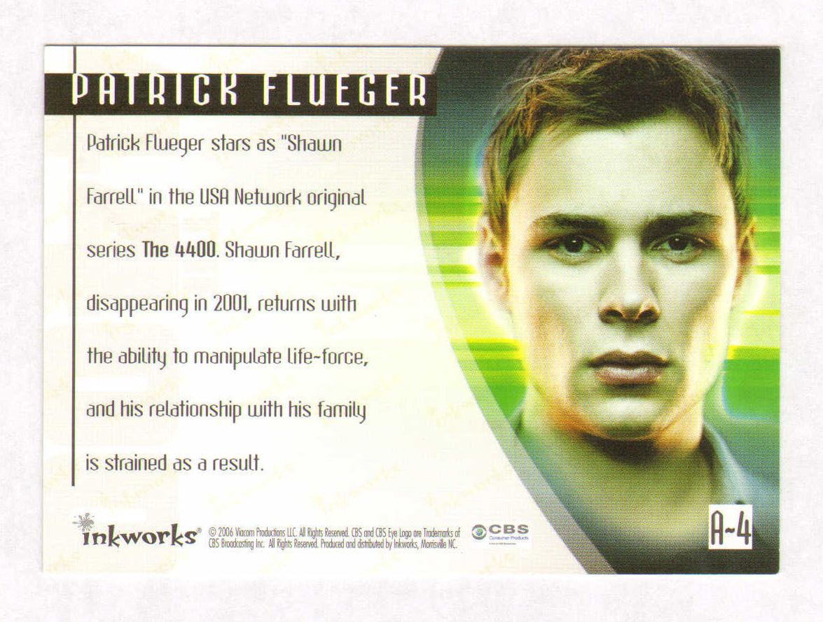 
                  
                    Patrick Flueger as Shawn Farrell in The 4400 Signed Inkworks Trading Card #A-4
                  
                