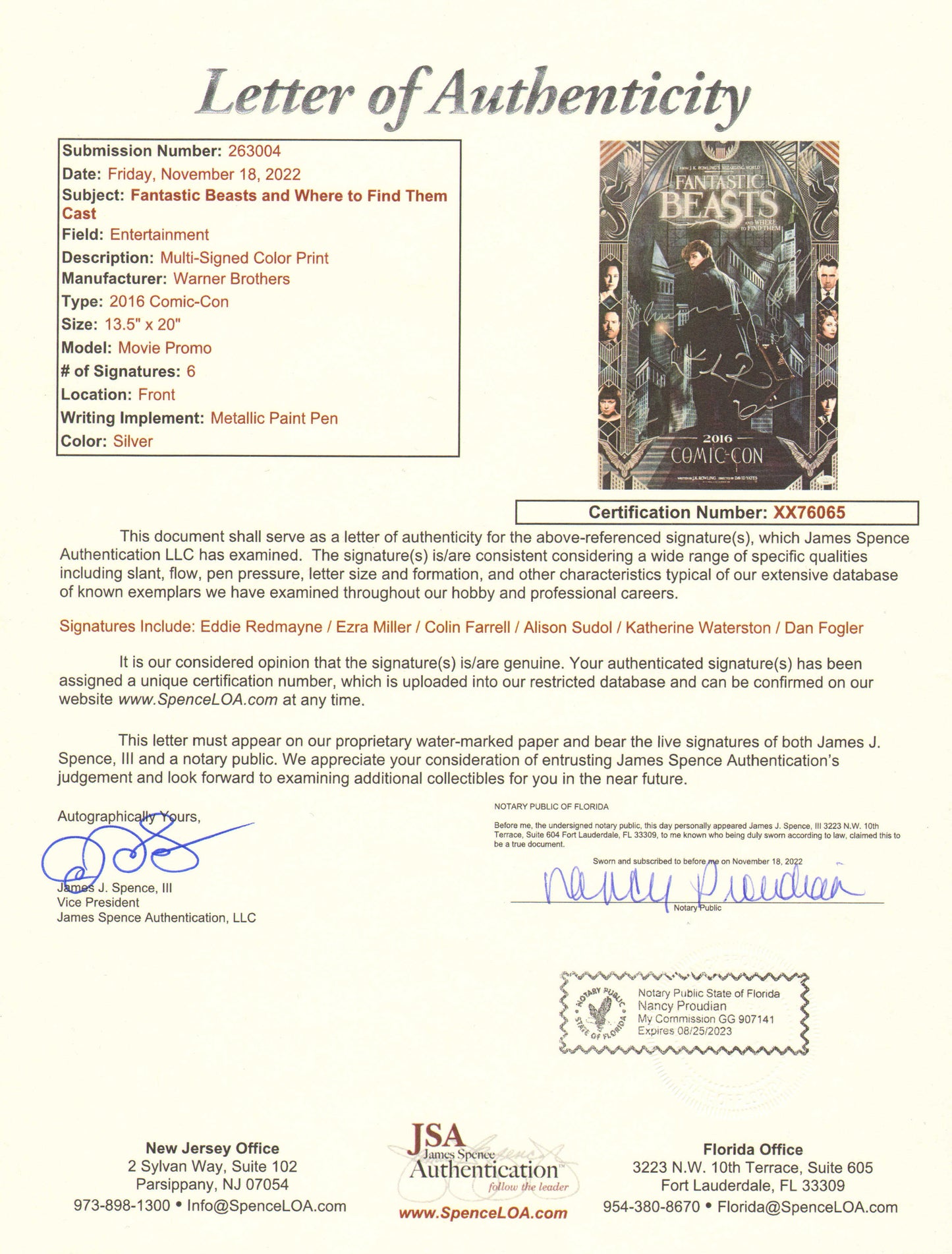 
                  
                    Fantastic Beasts & Where to Find Them (JSA) 13.5x20 Mini Poster Cast Signed by Eddie Redmayne, Ezra Miller, Colin Farrell, Alison Sudol, Katherine Waterson, & Dan Fogler
                  
                