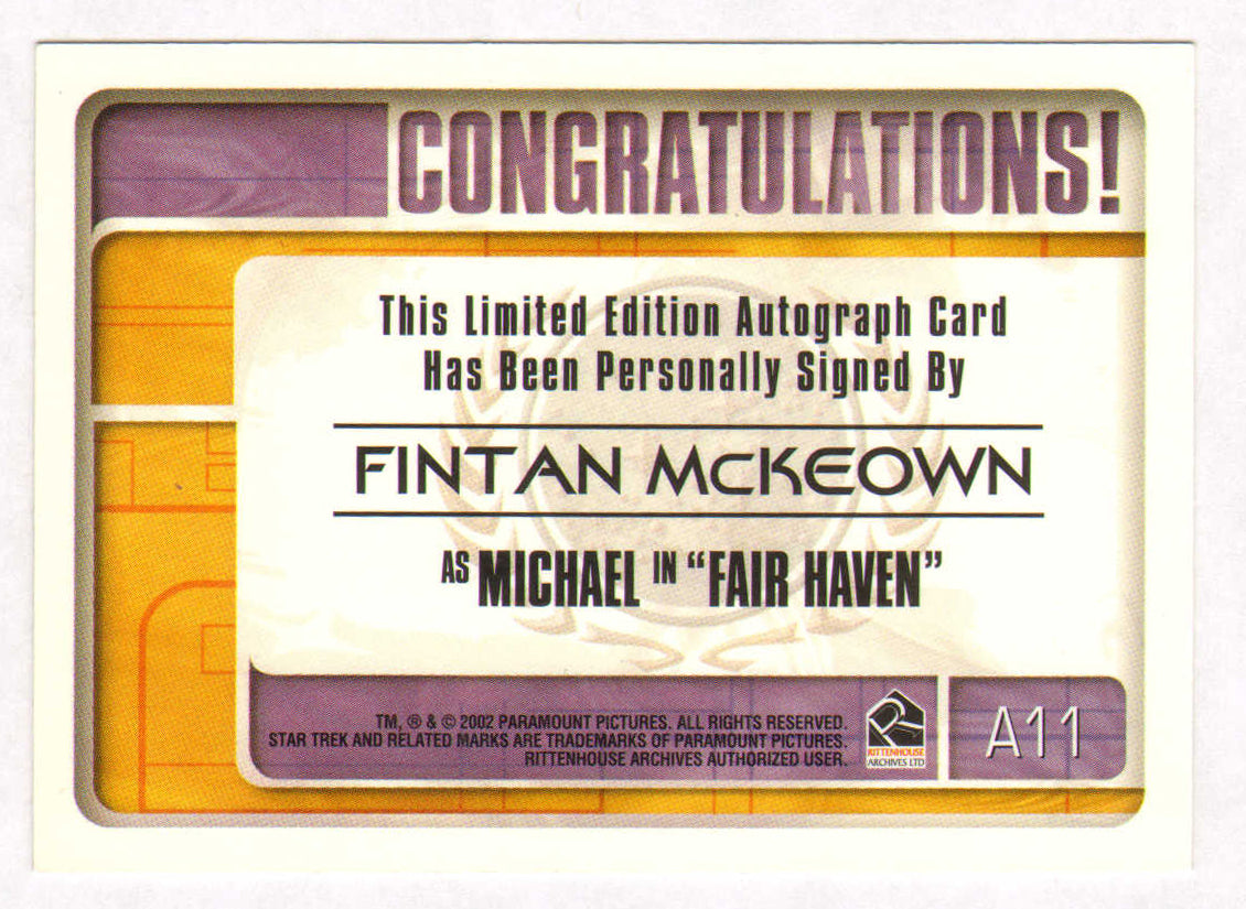 
                  
                    Fintan McKeown as Michael in Star Trek: Voyager Signed Rittenhouse The Complete Star Trek Voyager Trading Card #A11
                  
                