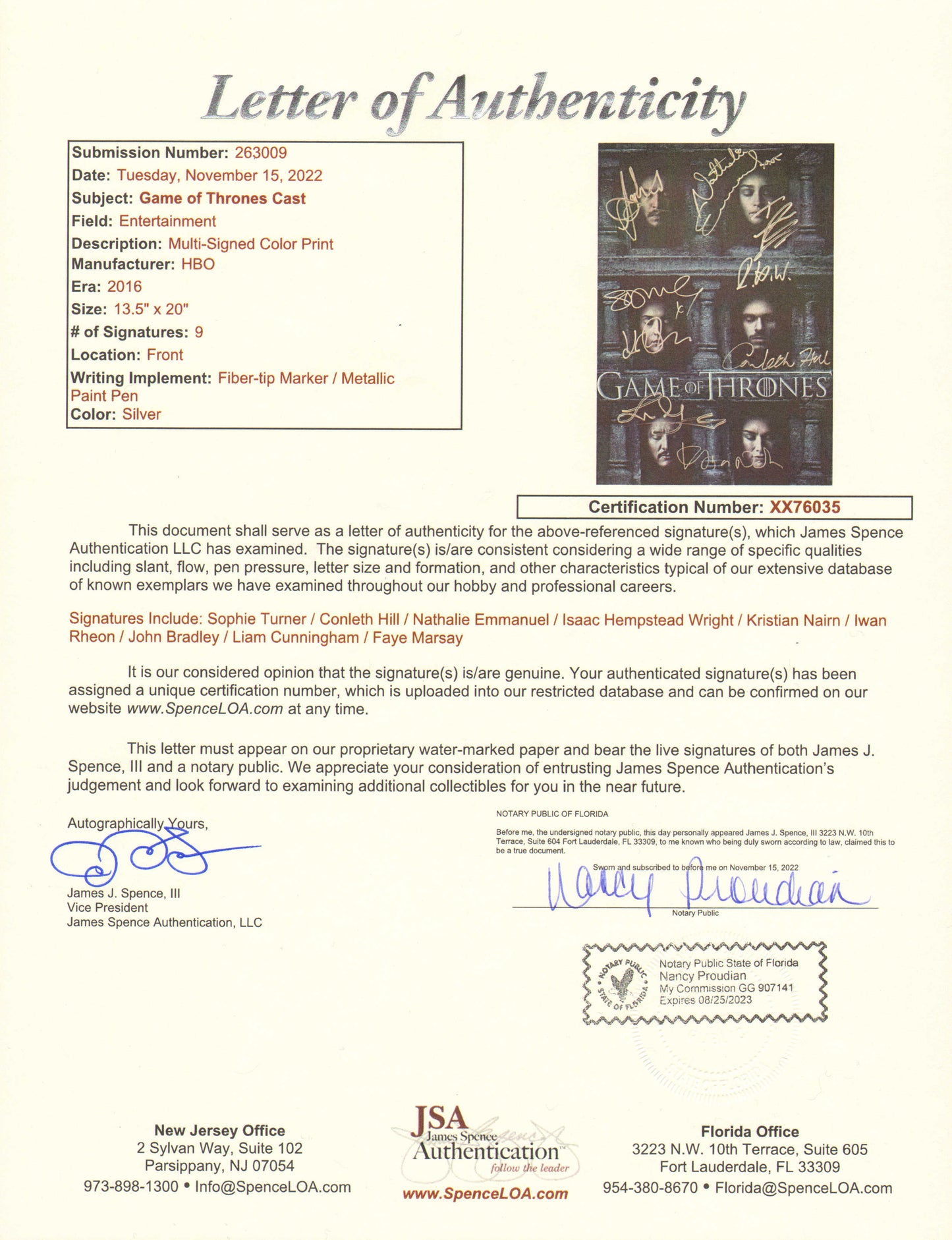 
                  
                    Game of Thrones (JSA) 13.5x20 Mini Poster Cast Signed by Liam Cunningham, Sophie Turner, Conleth Hill, Isaac Hempstead-Wright, Nathalie Emmanuel, Kristian Nairn, Iwan Rheon, Faye Marsay, & John Bradley
                  
                