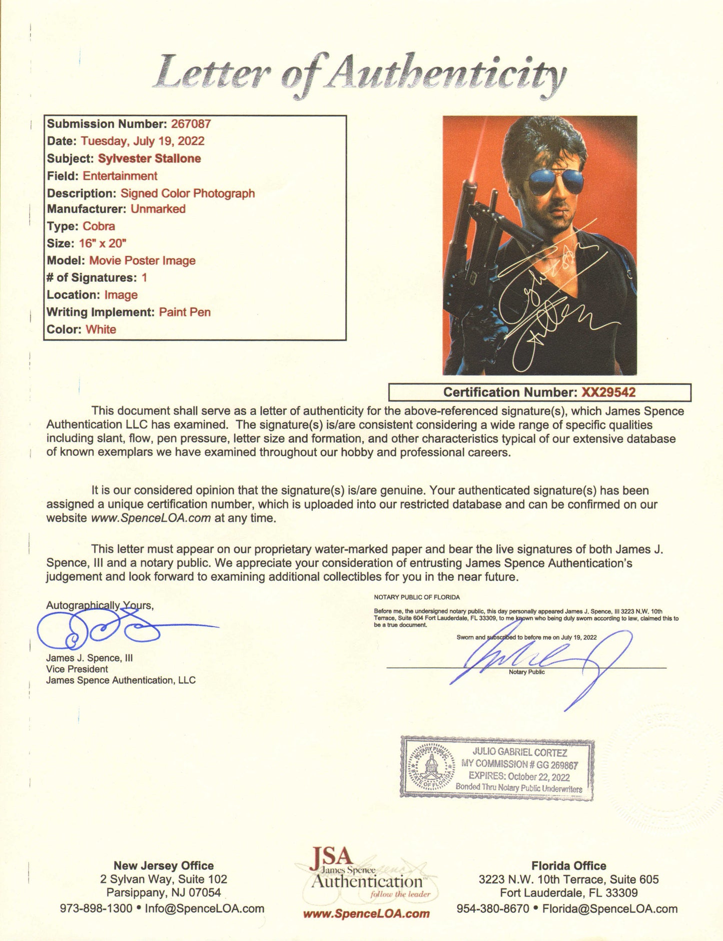 
                  
                    Sylvester Stallone as Lt. Marion "Cobra" Cobretti in Cobra (JSA) Signed 16x20 Photo
                  
                
