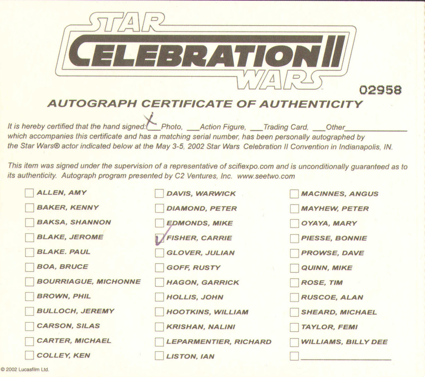 
                  
                    Carrie Fisher as Slave Princess Leia in Star Wars: Return of the Jedi (Official Pix Celebration II) Signed 8x10 Photo
                  
                