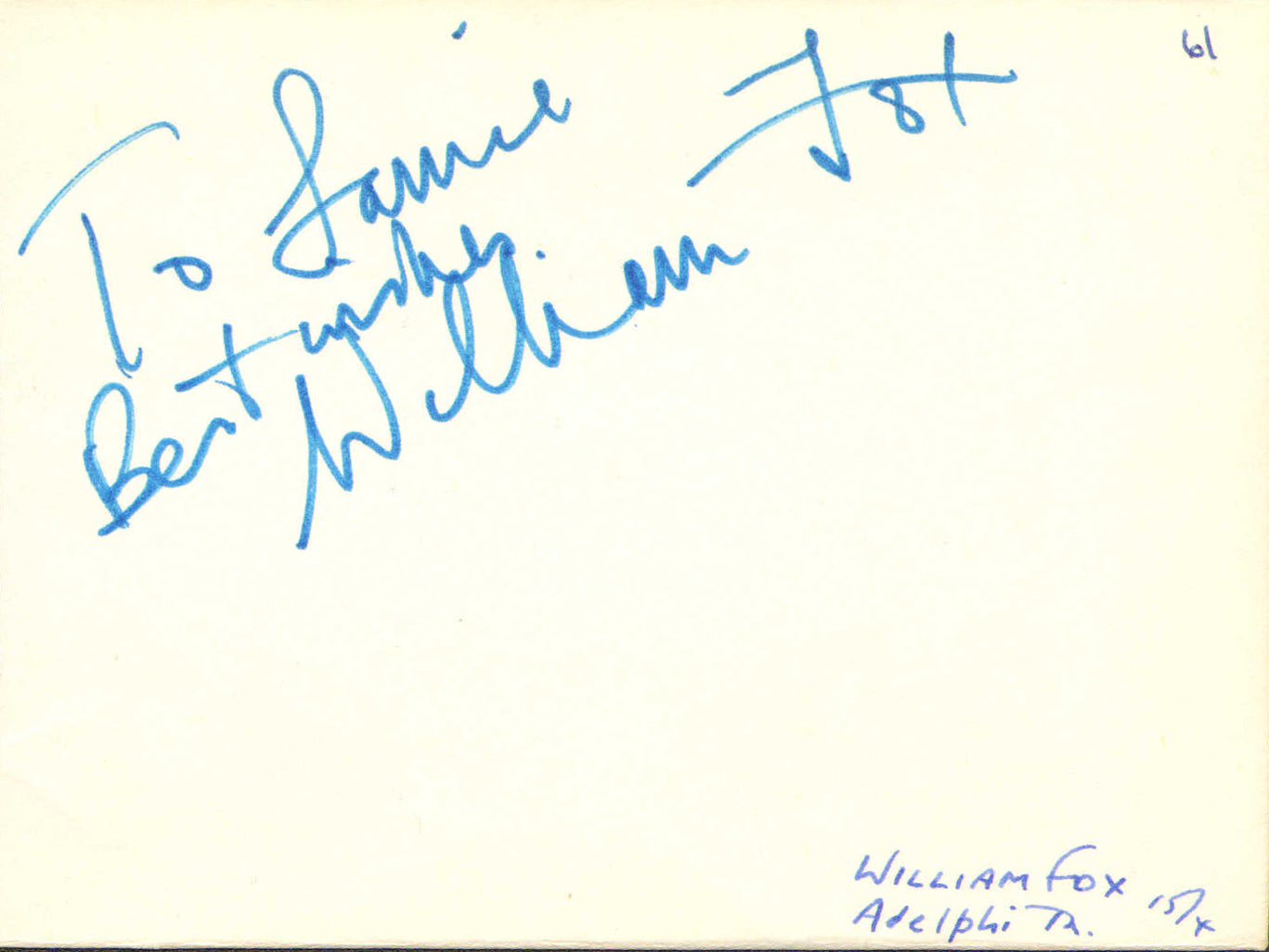 
                  
                    John Hollis from Star Wars, James Bond, & Superman with William Fox Founder of Fox Film Signed 3.5x4.5 Double Sided Index Card
                  
                