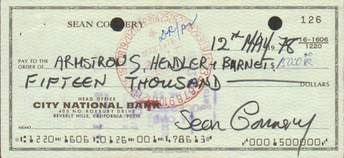 
                  
                    Sean Connery James Bond Signed Check
                  
                