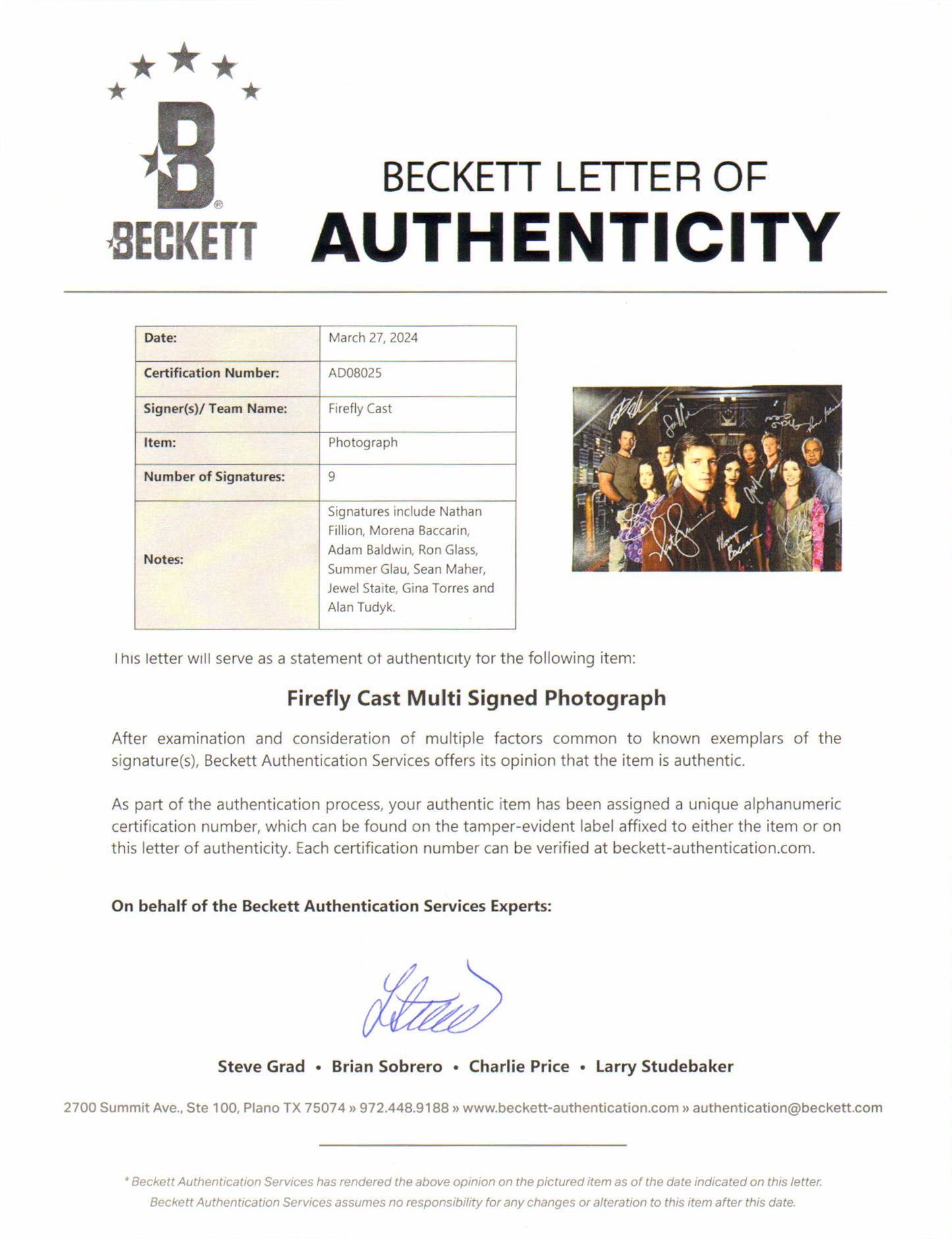 
                  
                    Firefly TV Series 12x18 Photo (Beckett) Cast Signed by Nathan Fillion, Gina Torres, Alan Tudyk, Morena Baccarin, Adam Baldwin, Jewel Staite, Sean Maher, Summer Glau, & Ron Glass
                  
                
