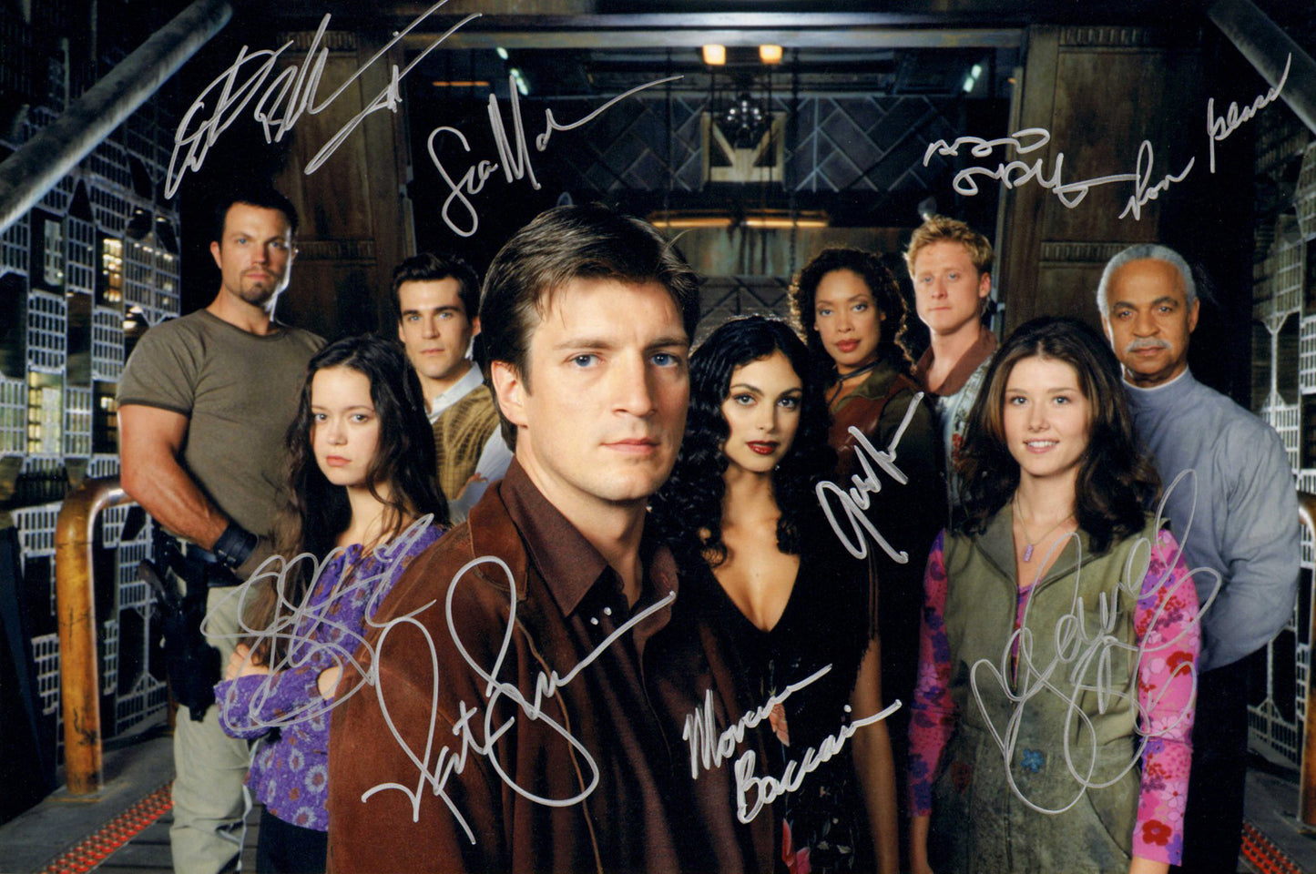 
                  
                    Firefly TV Series 12x18 Photo (Beckett) Cast Signed by Nathan Fillion, Gina Torres, Alan Tudyk, Morena Baccarin, Adam Baldwin, Jewel Staite, Sean Maher, Summer Glau, & Ron Glass
                  
                