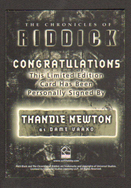 
                  
                    The Chronicles of Riddick Rittenhouse Trading Cards 4pc LOT Signed by Vin Diesel, Thandiwe Newton, Alexa Davalos, & Colm Feore
                  
                
