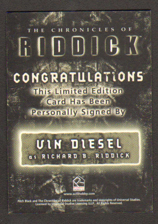 
                  
                    The Chronicles of Riddick Rittenhouse Trading Cards 4pc LOT Signed by Vin Diesel, Thandiwe Newton, Alexa Davalos, & Colm Feore
                  
                