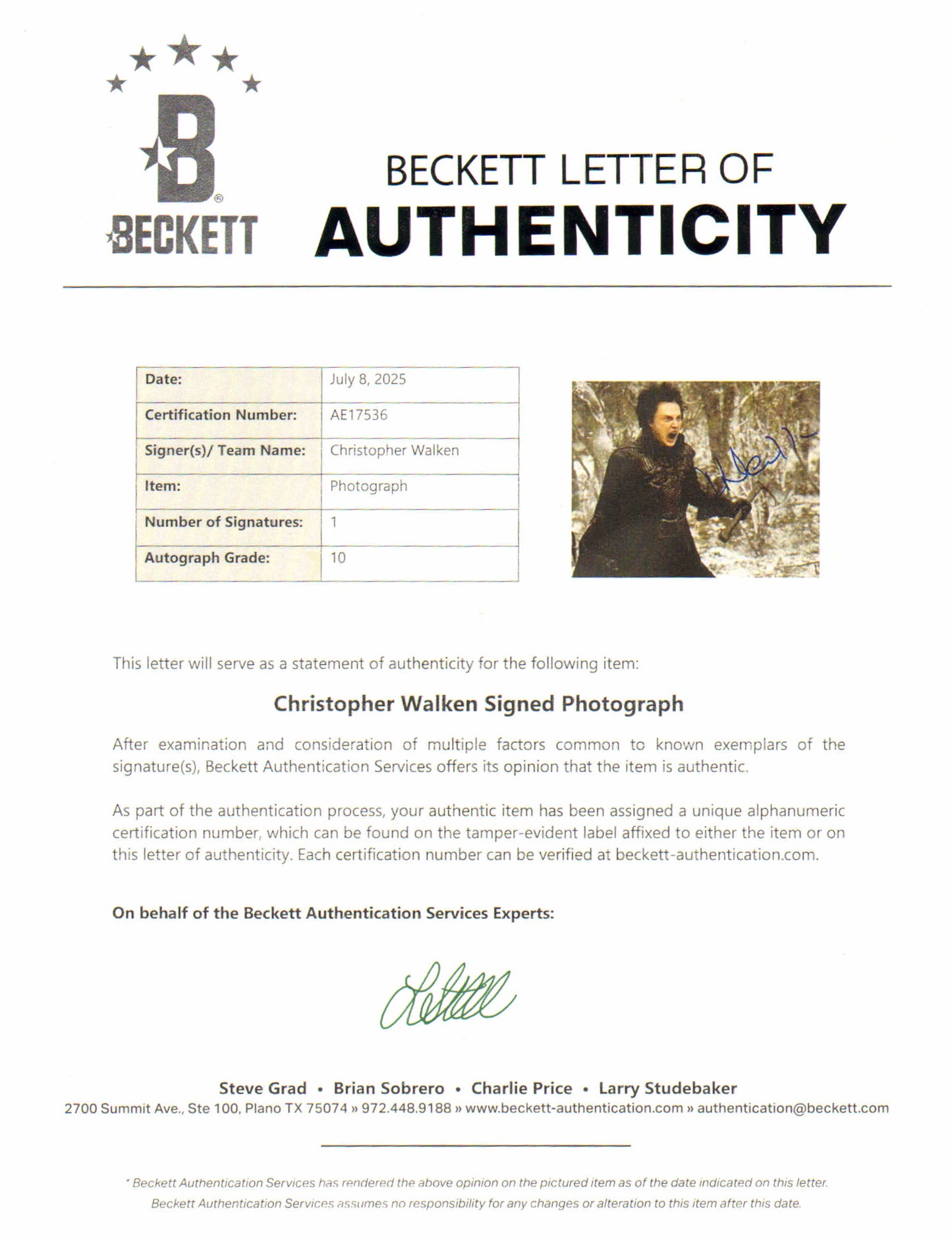 
                  
                    Christopher Walken as the Headless Horseman in Tim Burton's Sleepy Hollow (Beckett) Signed 8x10 Photo
                  
                