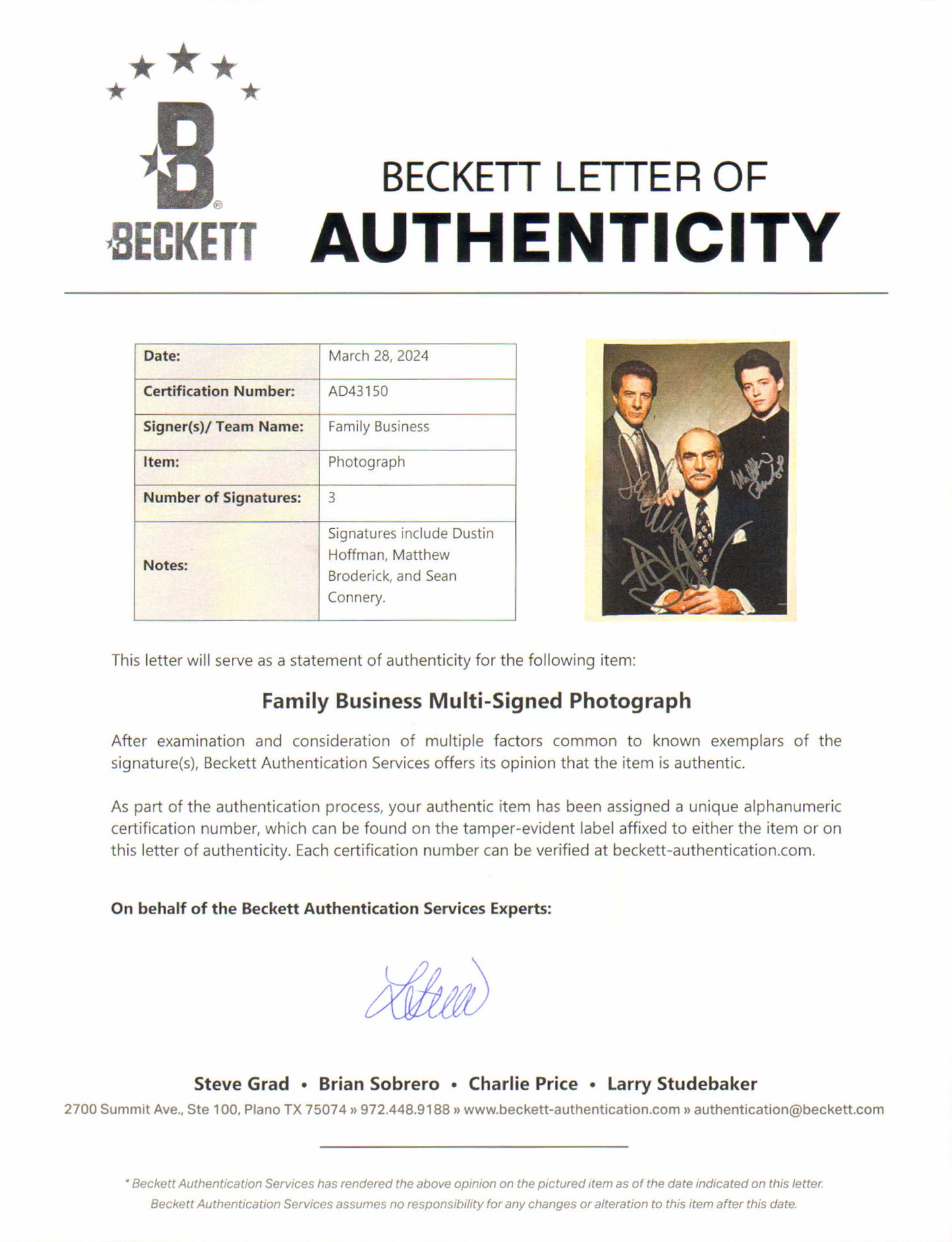 
                  
                    Sean Connery as Jessie,  Dustin Hoffman as Vito, &  Matthew Broderick as Adam in Family Business (Beckett) Signed 8x10 Photo
                  
                